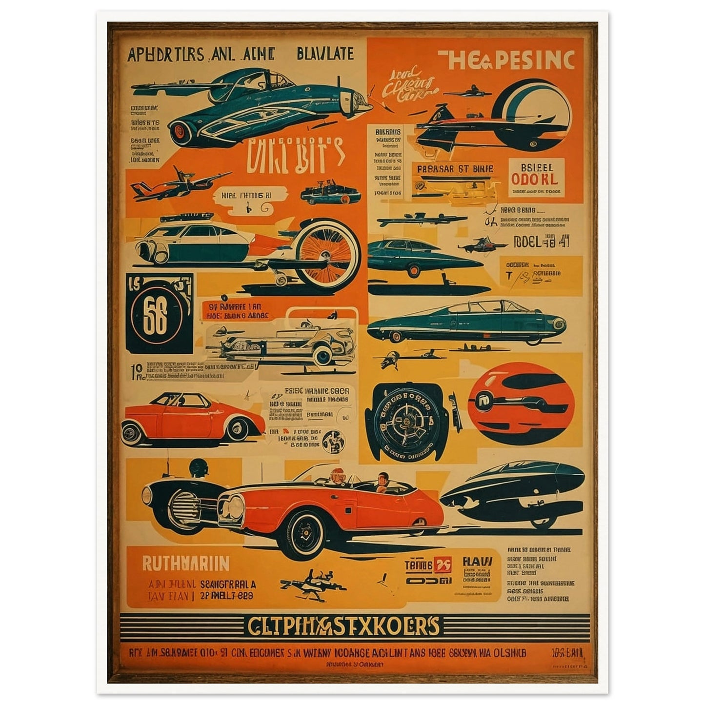 A retro sci-fi themed poster filled with futuristic vehicles, planes, and spaceships in bold colors, presenting a glimpse into a future imagined in the past.