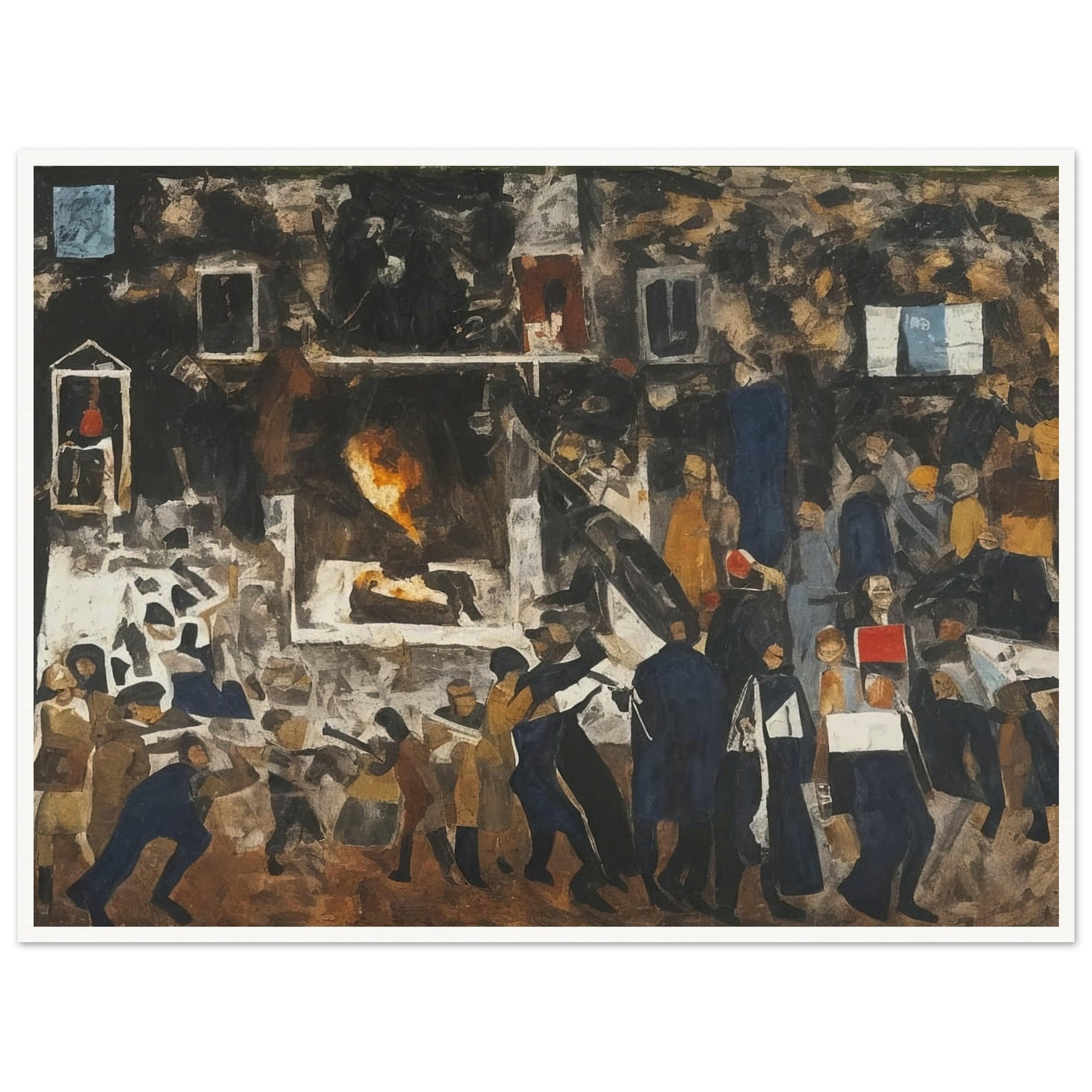 A powerful depiction of a crowded protest scene with figures in motion, conveying the energy and tension of a moment of social unrest.