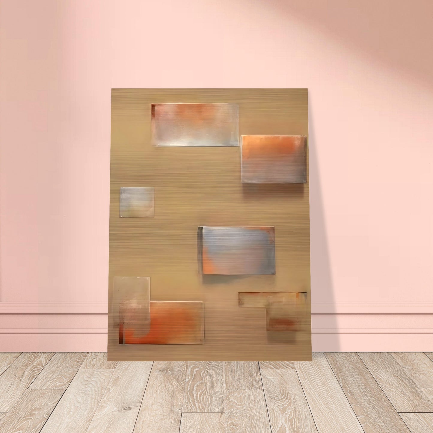 An abstract composition featuring softly blurred rectangular shapes in muted shades of orange, gray, and beige, creating a serene and minimalist geometric design.