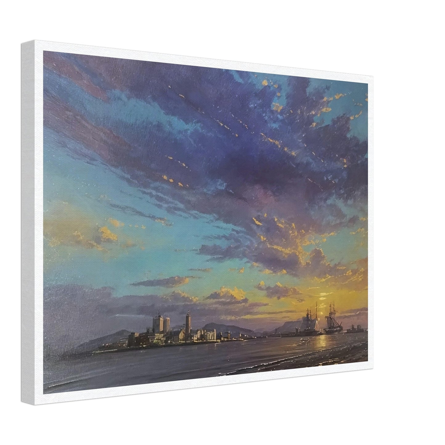 A stunning painting of a harbor at sunset, with ships anchored and a vibrant sky filled with hues of blue, purple, and orange.