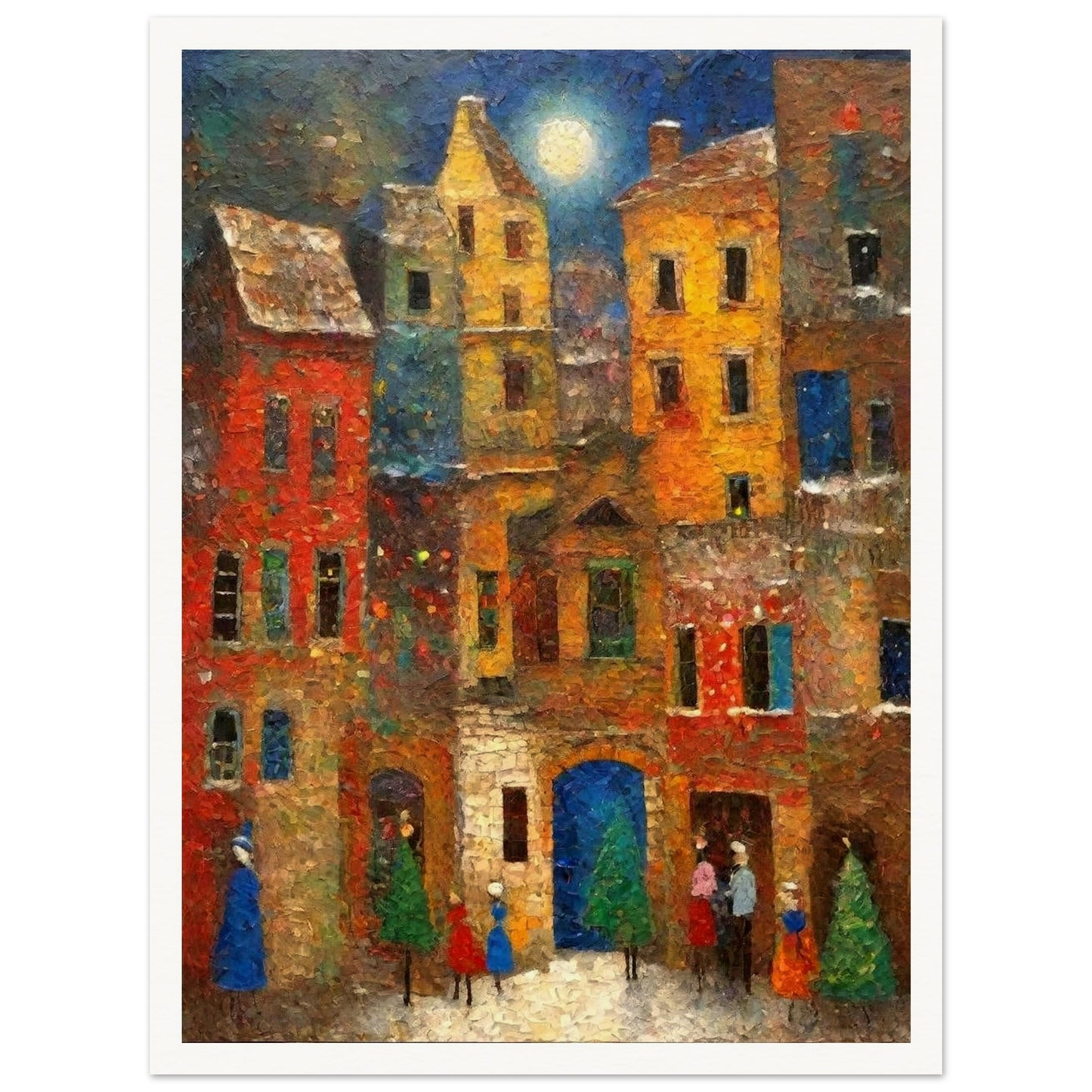 A vibrant village scene under a glowing full moon, with colorful buildings, evergreen trees, and people enjoying a festive atmosphere.