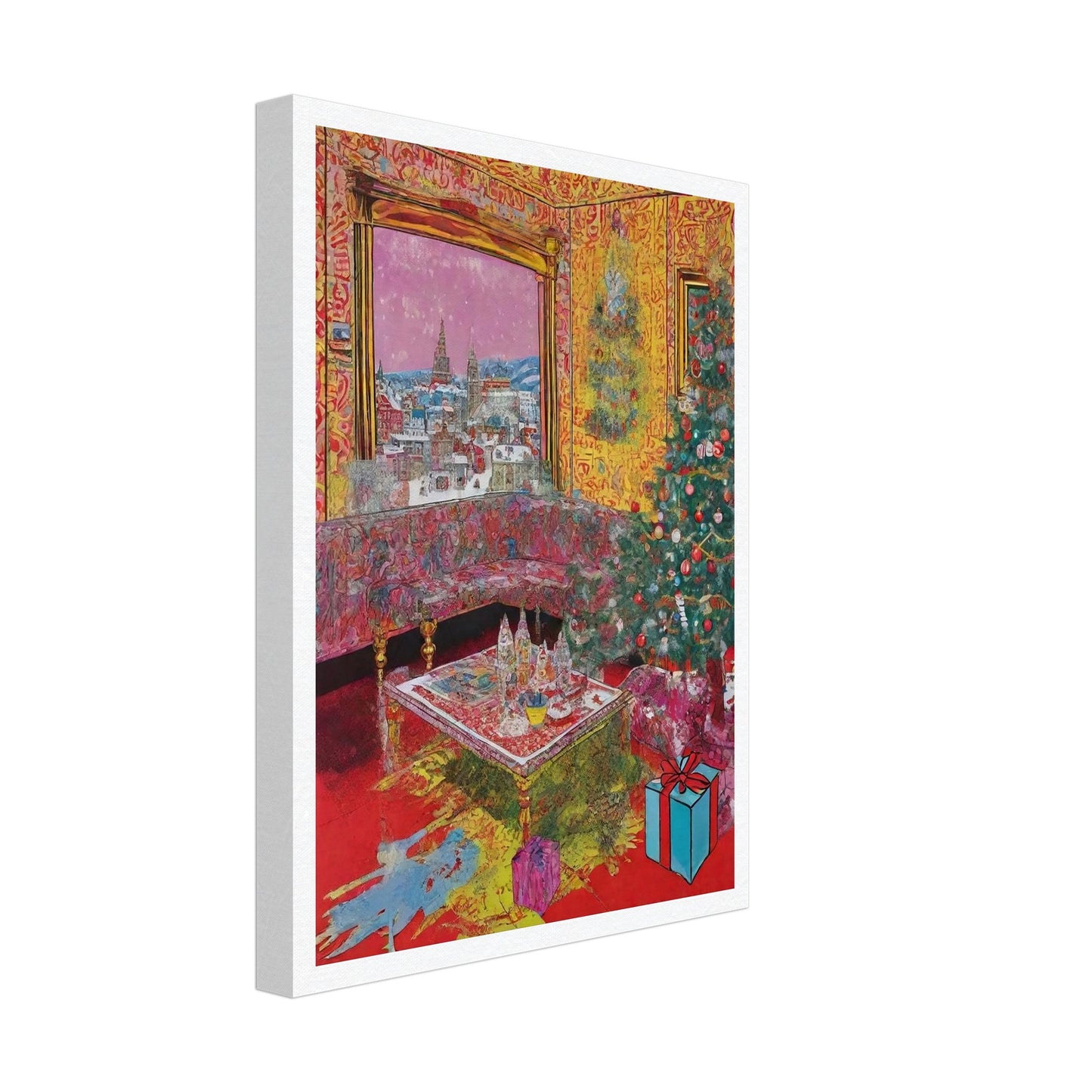 A vibrant living room adorned with a Christmas tree, presents, and festive decorations, featuring a large window showcasing a snowy cityscape with church spires in the distance.