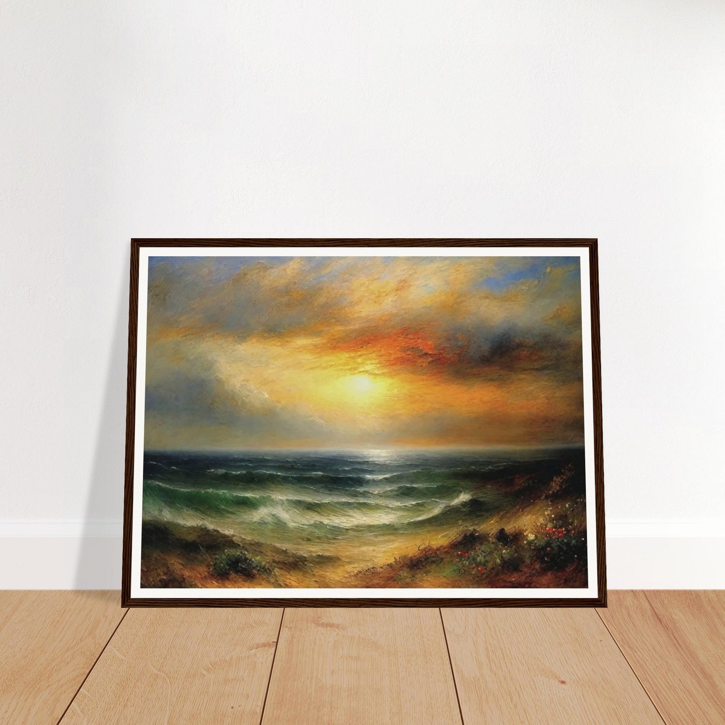 A beautiful seascape painting of a glowing sunset over calm ocean waves, with golden skies and soft colors reflecting on the water.