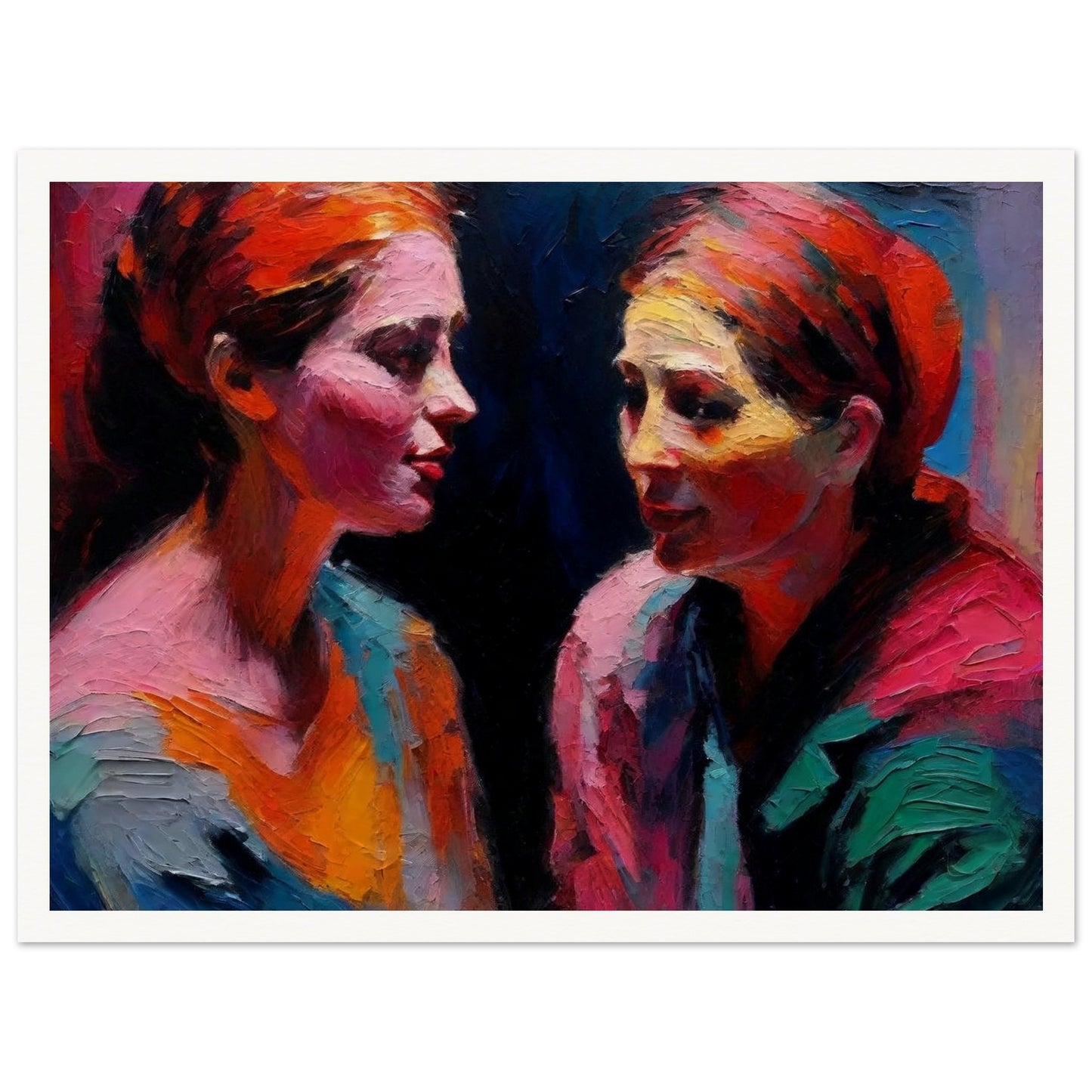 An expressive painting of two women engaged in a deep conversation, using bold and vibrant colors.