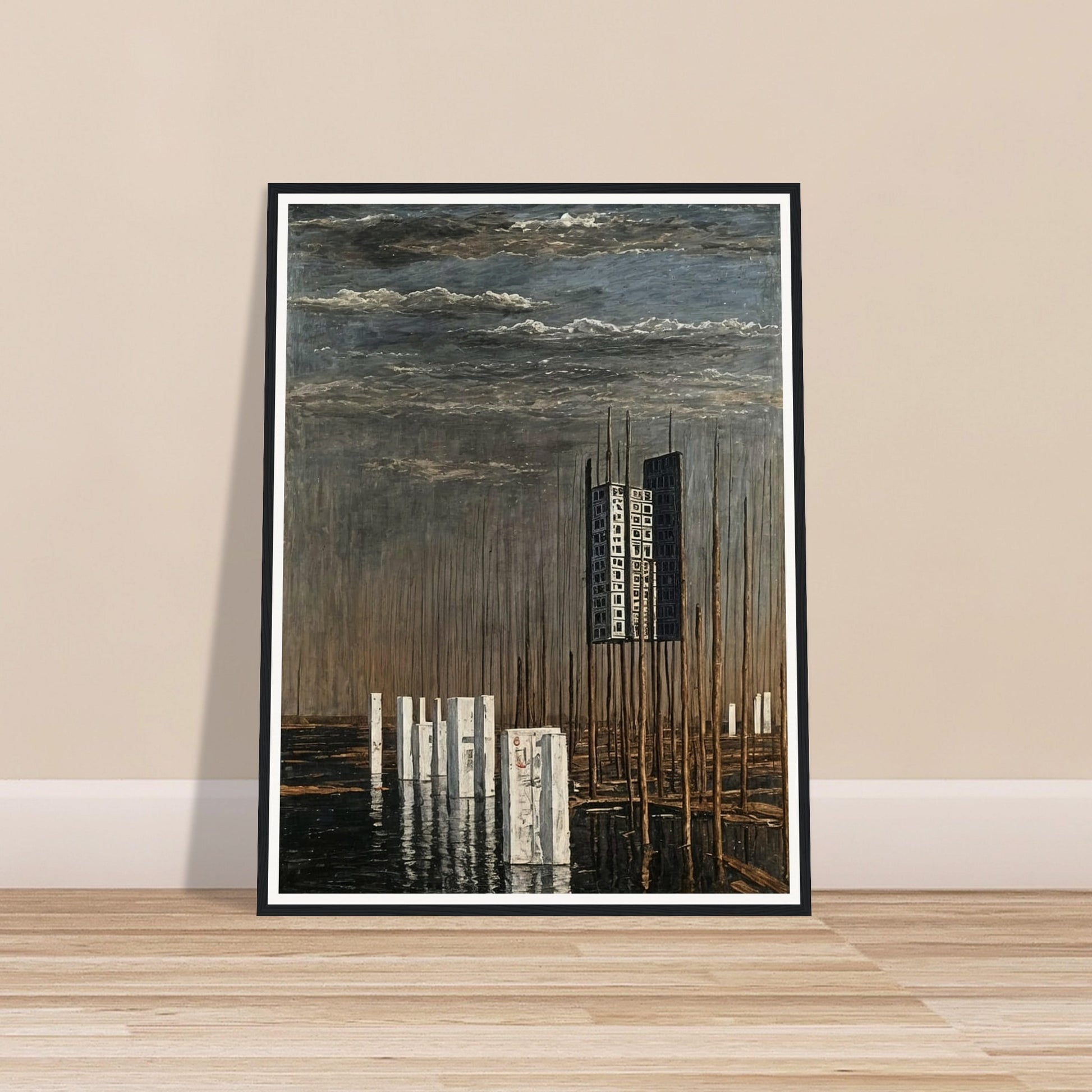 A surreal landscape painting featuring a tall, isolated building suspended among thin wooden poles, with reflective water and a cloudy sky.