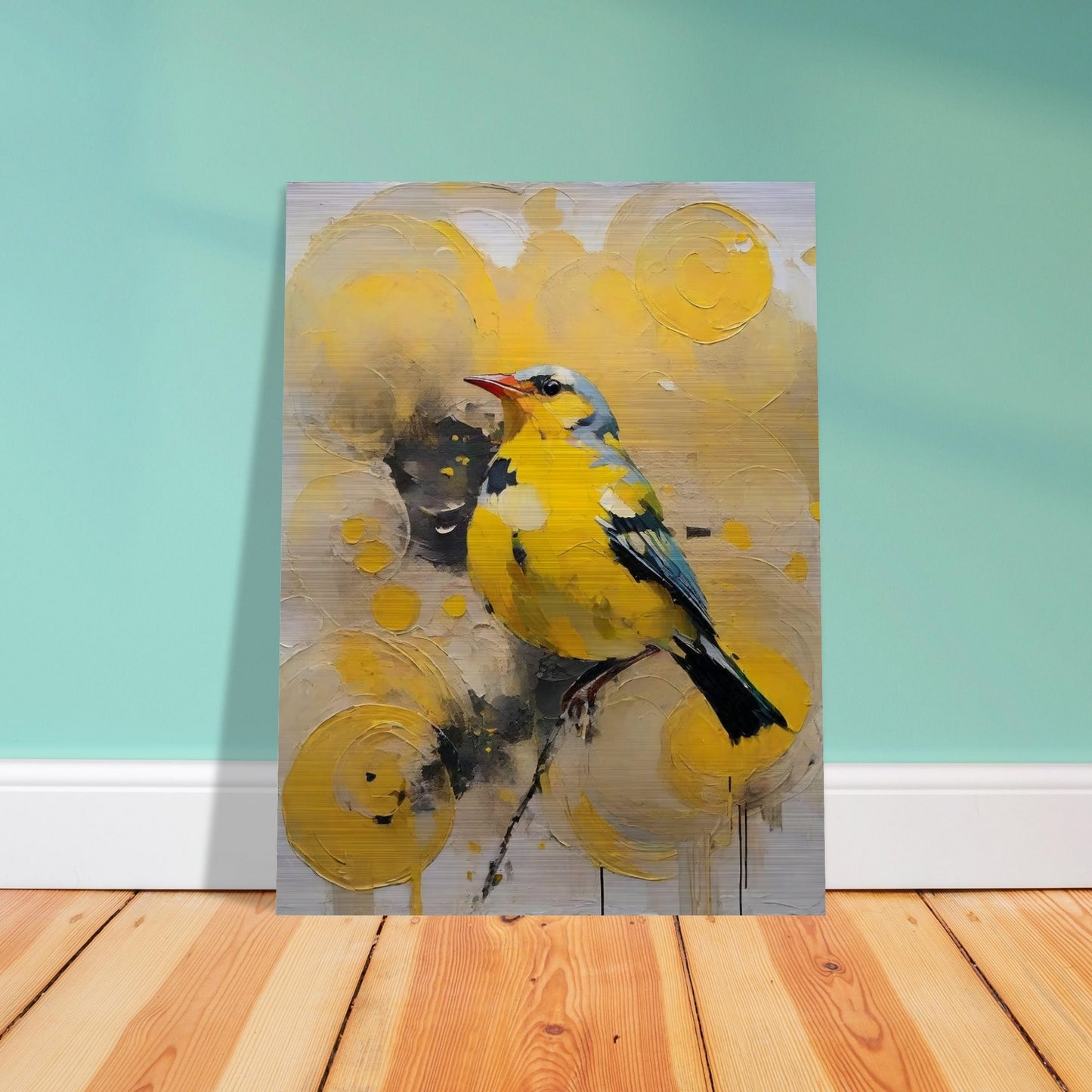 A vibrant painting of a yellow bird with blue accents, perched against a backdrop of swirling yellow patterns.