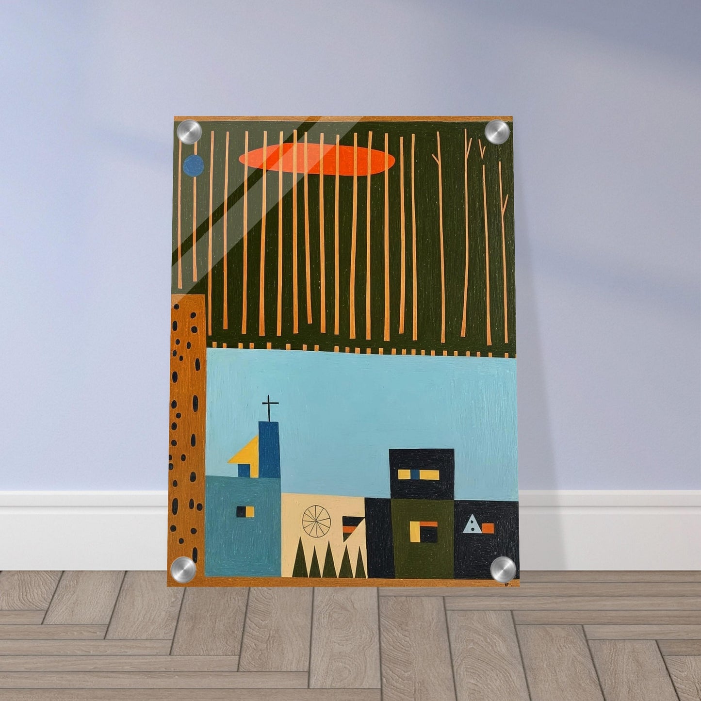 A minimalist portrayal of a small village beneath tall, thin trees and an orange cloud, capturing a tranquil, serene atmosphere.