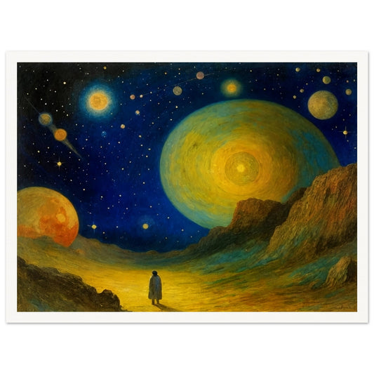 A lone figure walks under a vast, starry sky filled with massive planets and bright stars, evoking a sense of cosmic wonder and exploration.