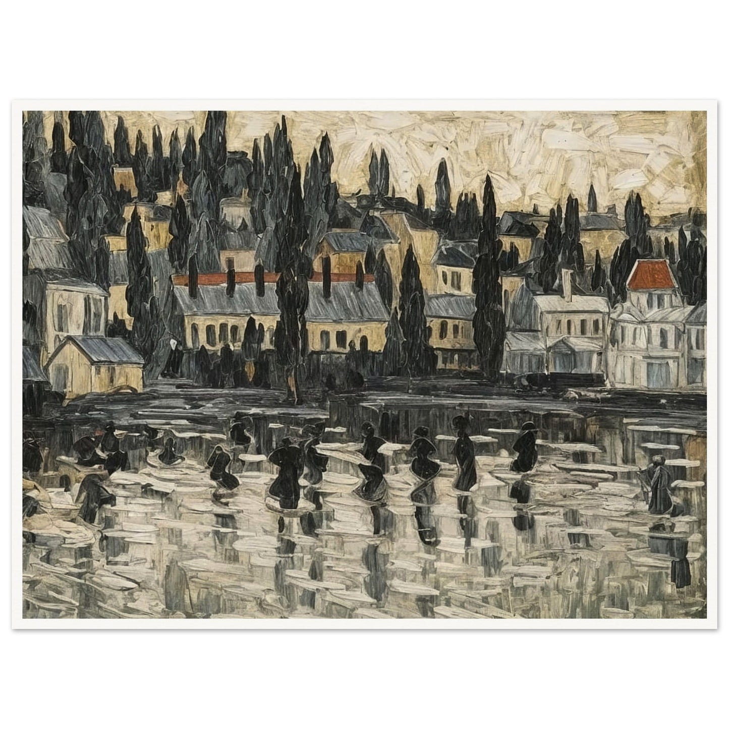 A textured painting of a serene townscape reflected on a misty lake, with tall trees and buildings set against a soft, muted sky.
