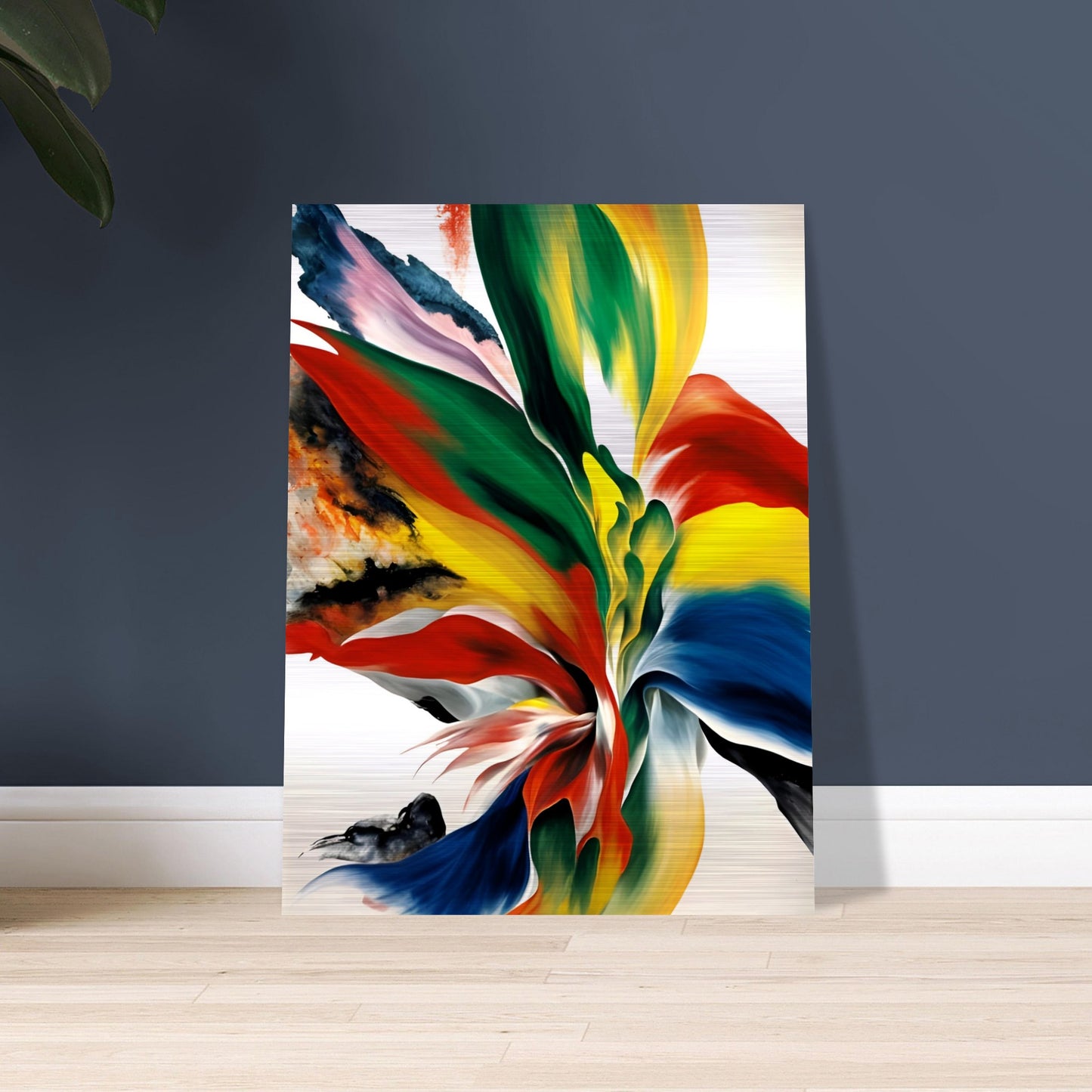 A dynamic explosion of vivid reds, yellows, blues, and greens blending in fluid motion, resembling an ethereal floral bloom or flame.