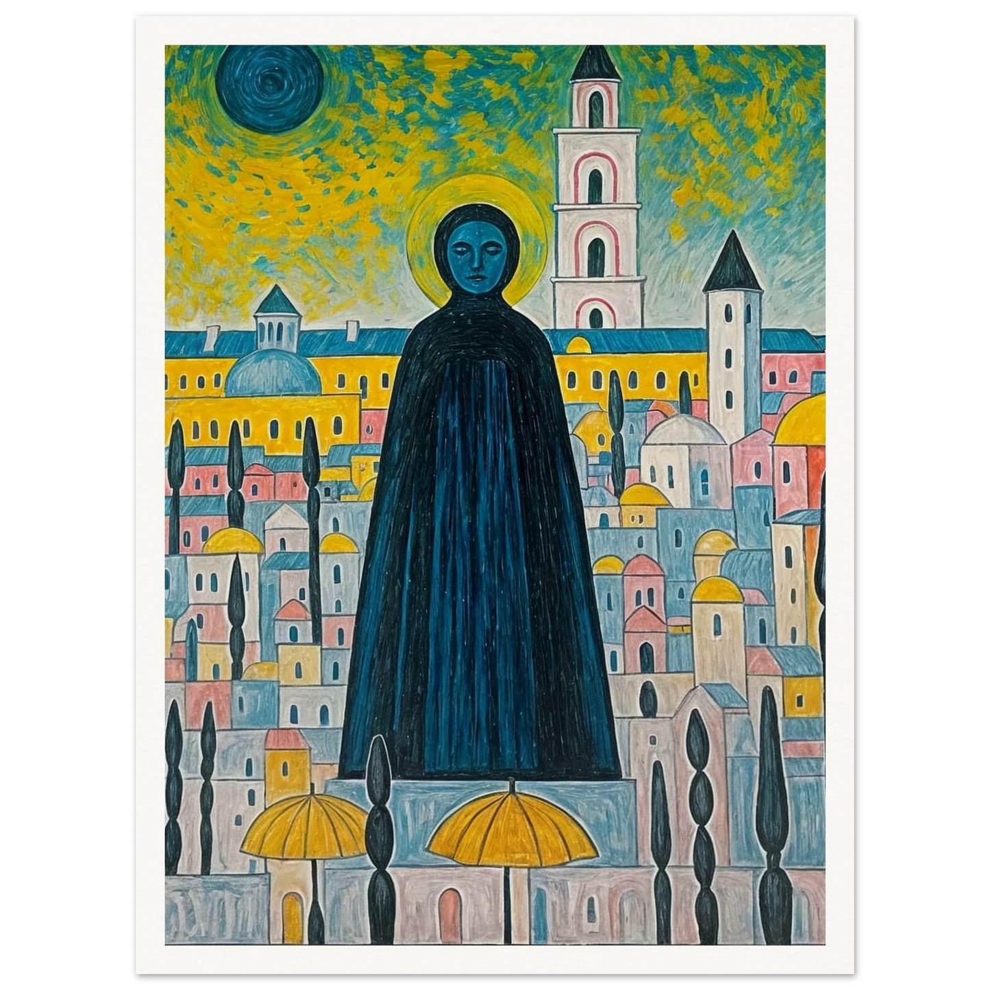 A vibrant painting featuring a towering, cloaked figure with a halo standing amidst a colorful, stylized cityscape under a surreal sky.