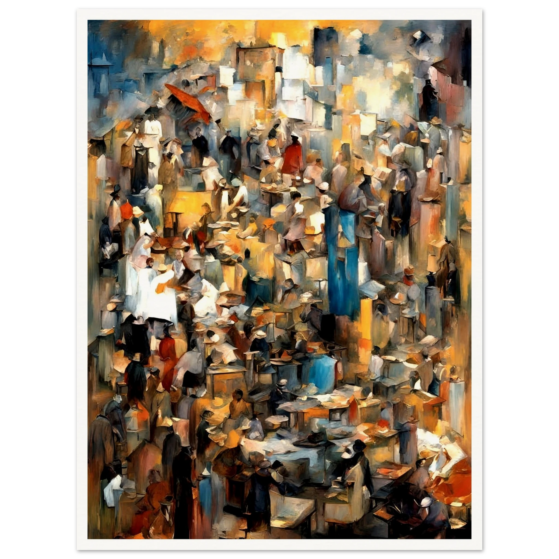 Bustling market scene with abstracted crowds, vendors, and stalls in warm earthy tones, evoking movement and layered human stories.
