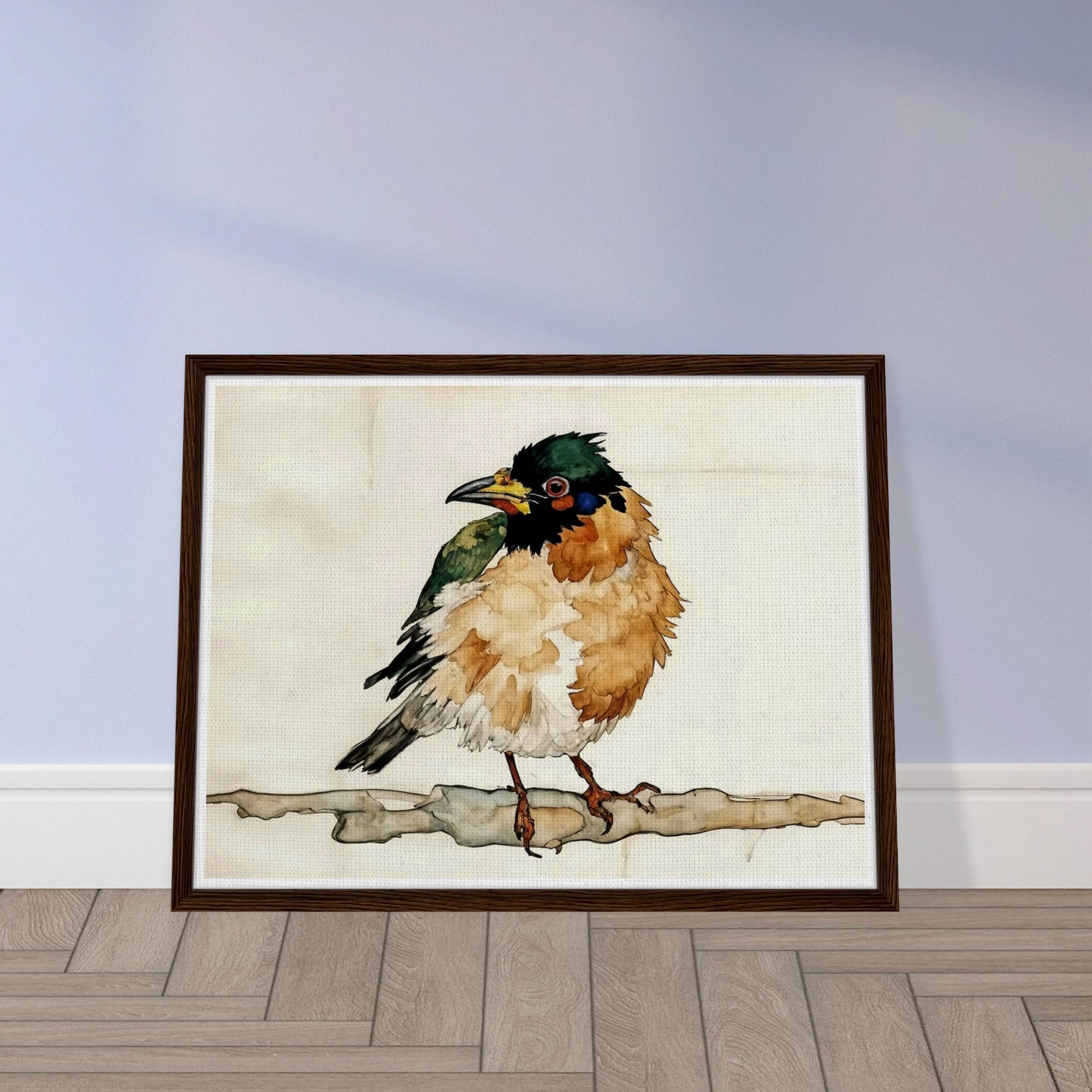 "A delicate painting of a small bird with fluffy, colorful feathers perched on a branch, set against a soft, neutral background."
