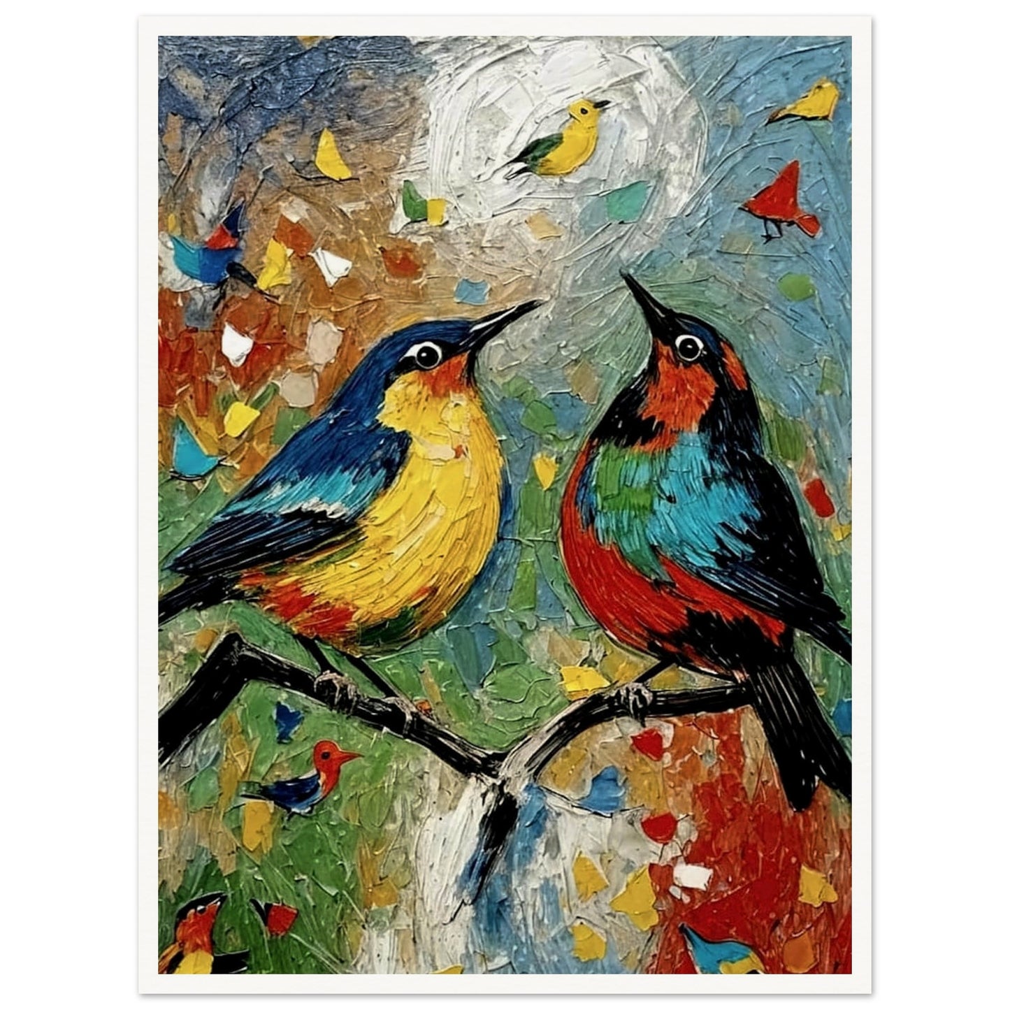 A vibrant painting of two colorful birds, one yellow and blue and the other red and green, perched on branches with a lively background of bright textures and small birds in flight.