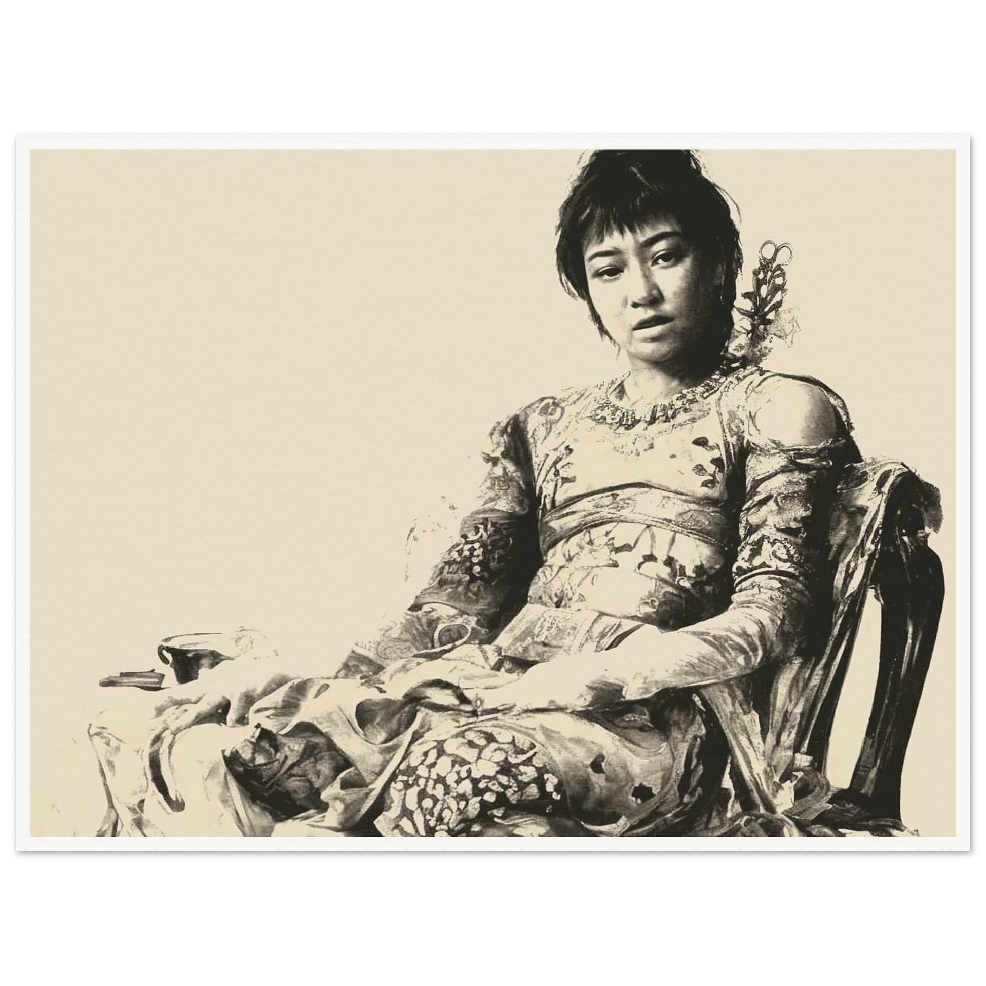 A vintage-style sepia portrait of a seated woman in ornate, intricate clothing, exuding calm grace and poise, captured with a soft, timeless aesthetic.