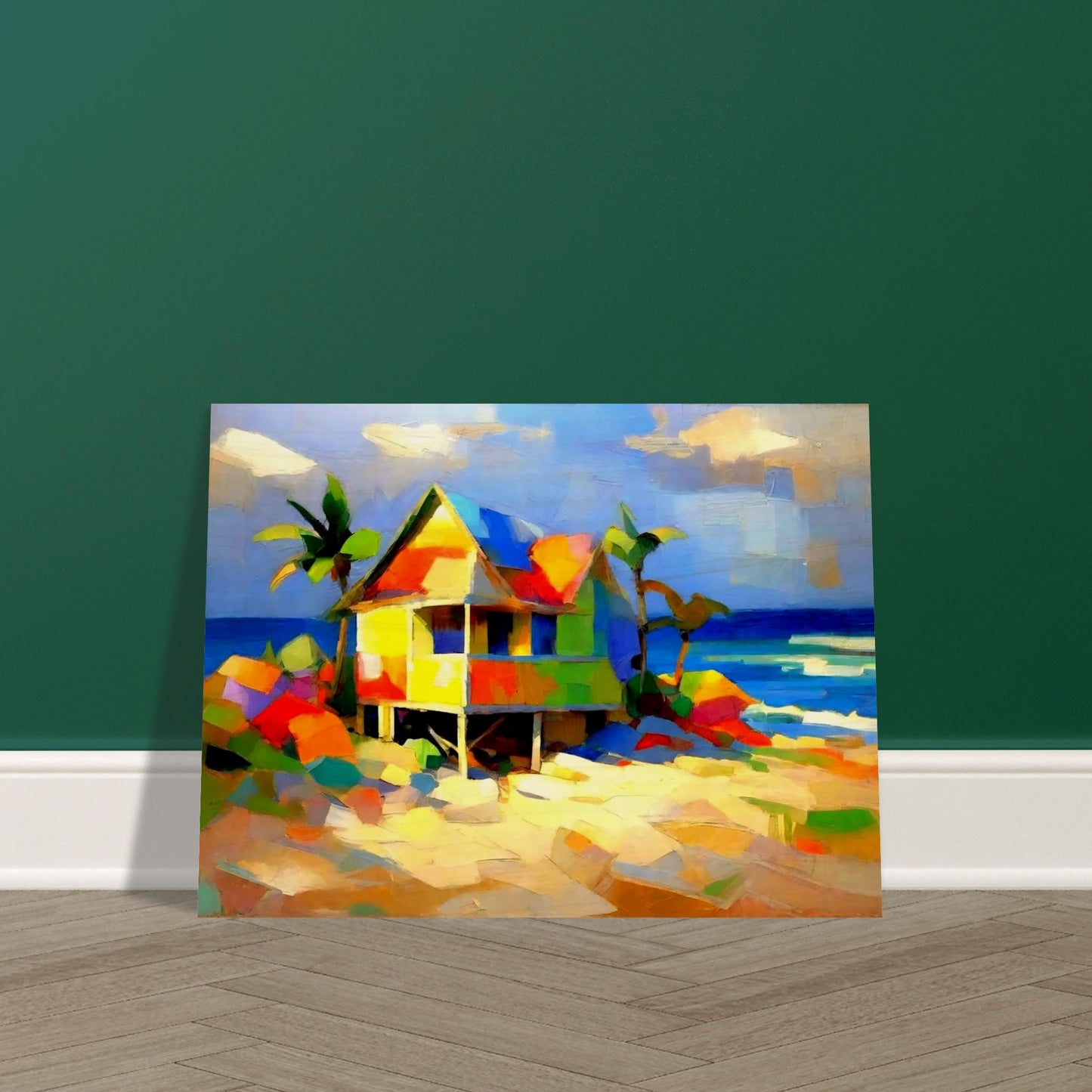 A colorful and lively painting of a beach house with bright blocks of color, set against a backdrop of palm trees and the ocean on a sunny day.