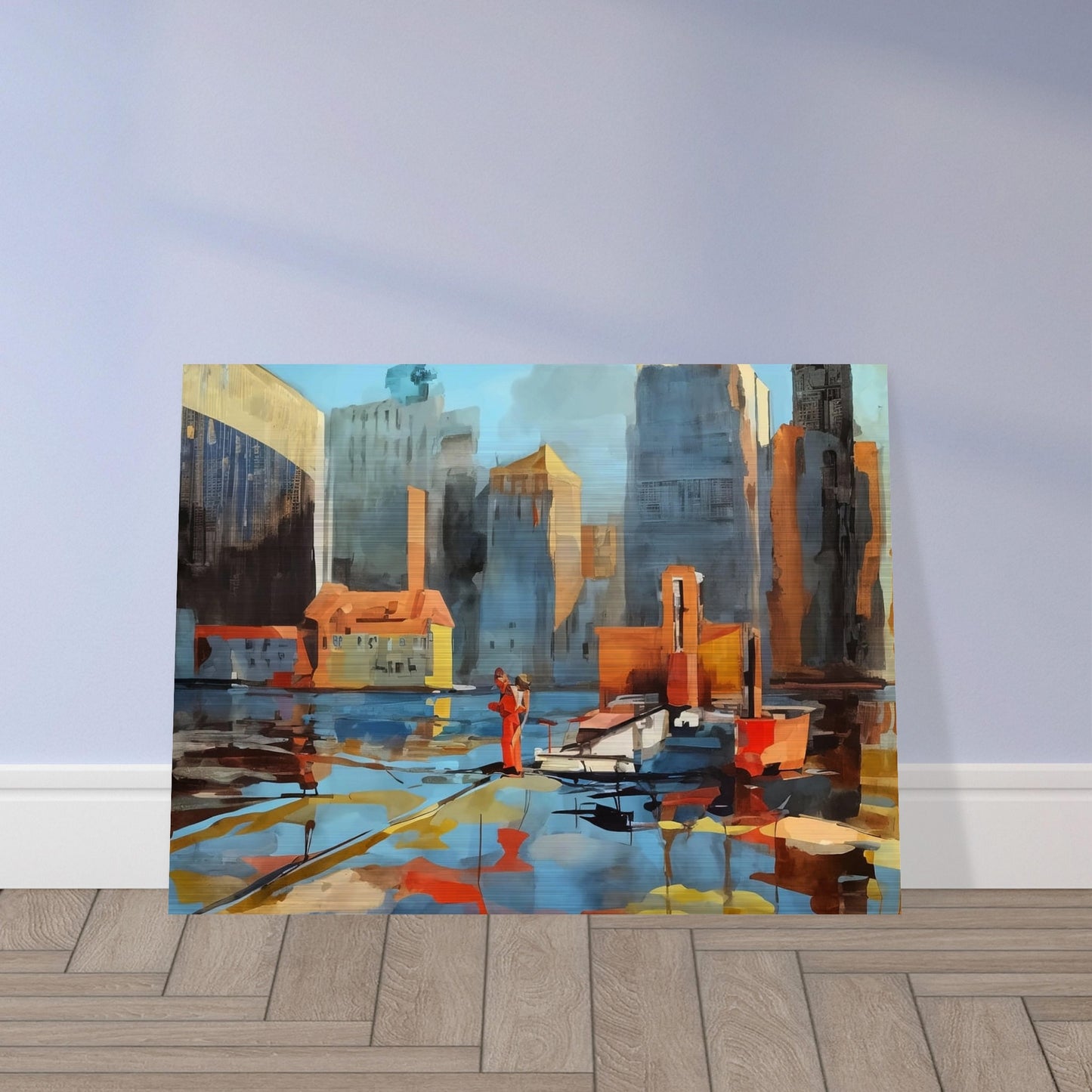A colorful cityscape featuring tall buildings and a waterfront, with reflections dancing on the water. A person dressed in red stands out amidst the urban environment, creating a dynamic contrast.