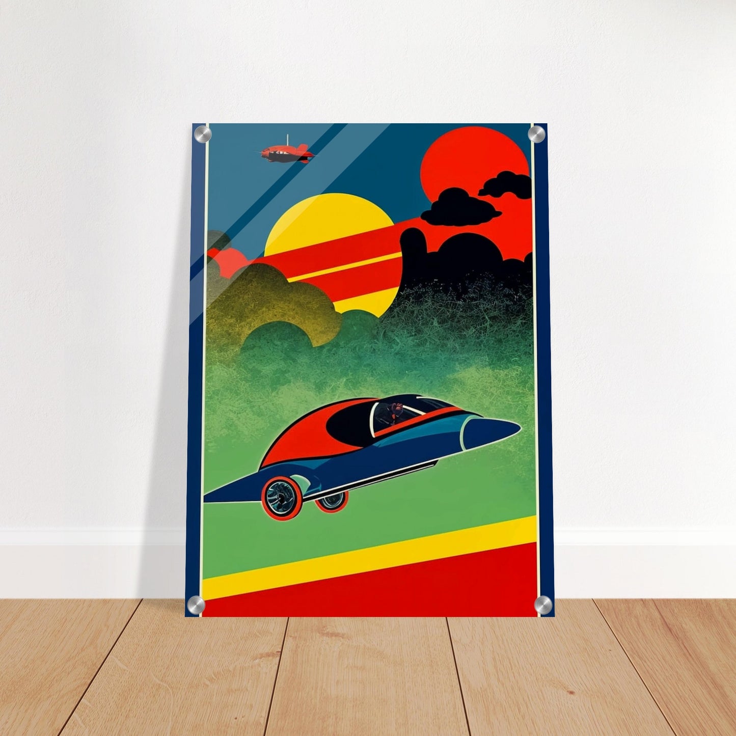 A vibrant, retro-futuristic artwork depicting a sleek, flying car soaring through a colorful sky with bold geometric shapes and a distant plane.
