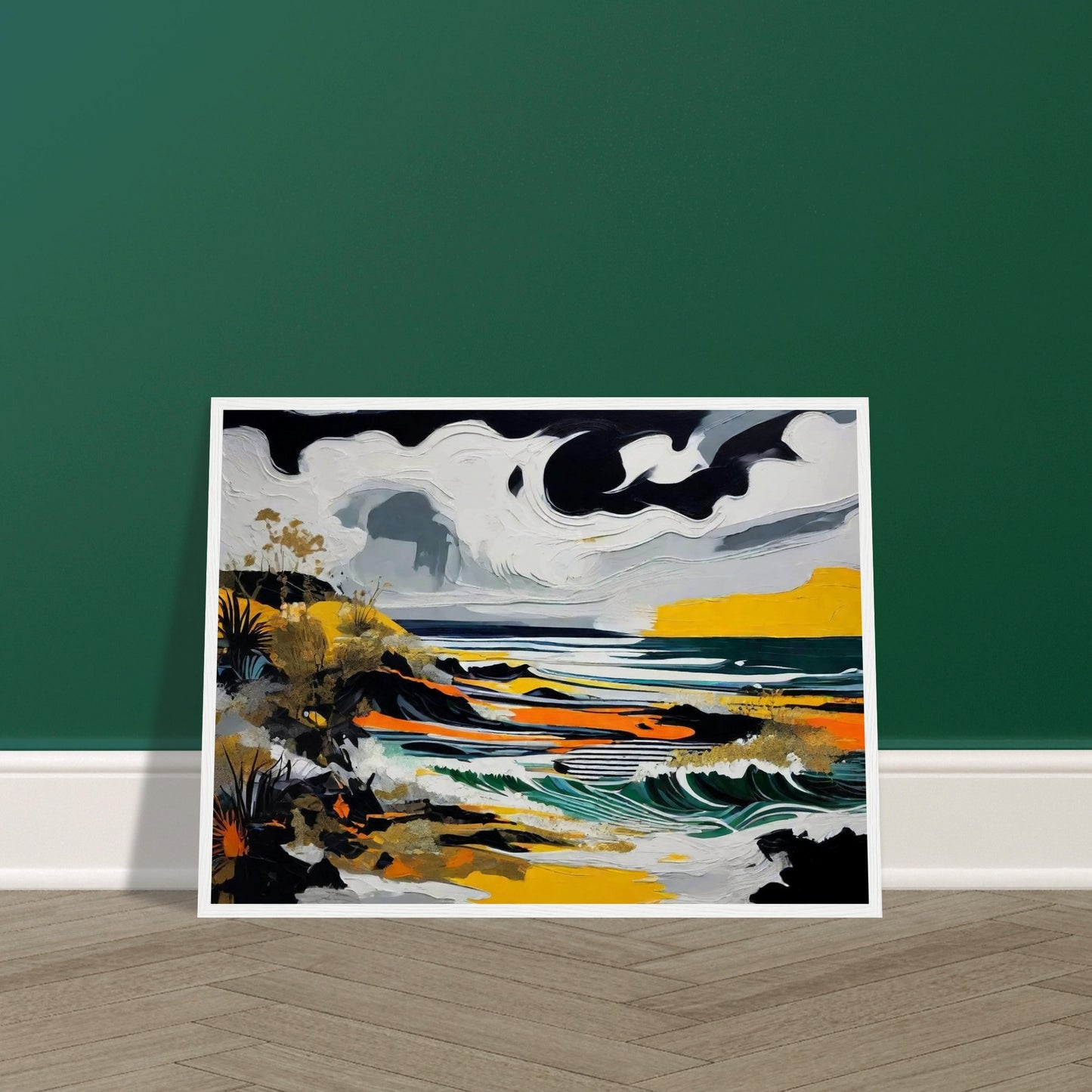 A striking seascape painting with swirling clouds, crashing waves, and bold colors of yellow, black, and green along a rugged coastline.