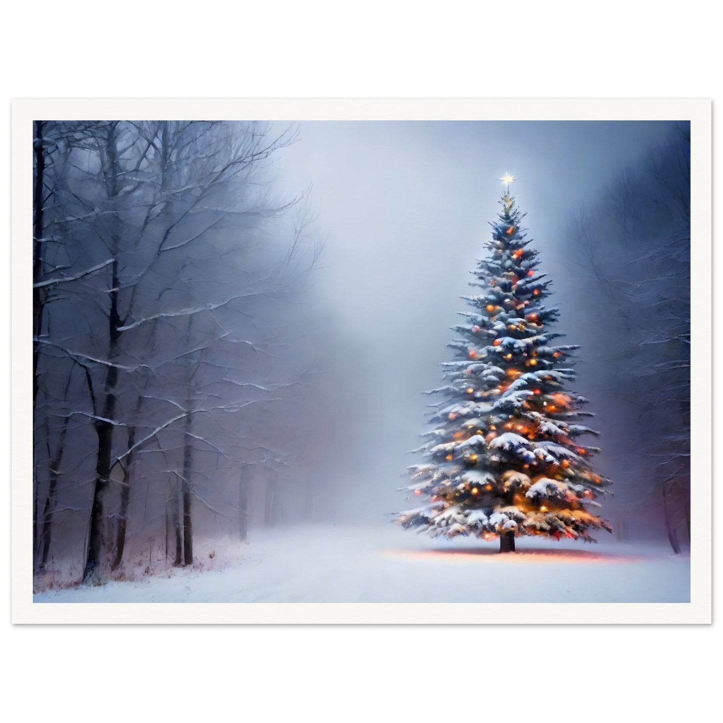 A snow-covered Christmas tree glowing with warm lights, standing alone in a misty winter forest, surrounded by frosted trees and soft light.
