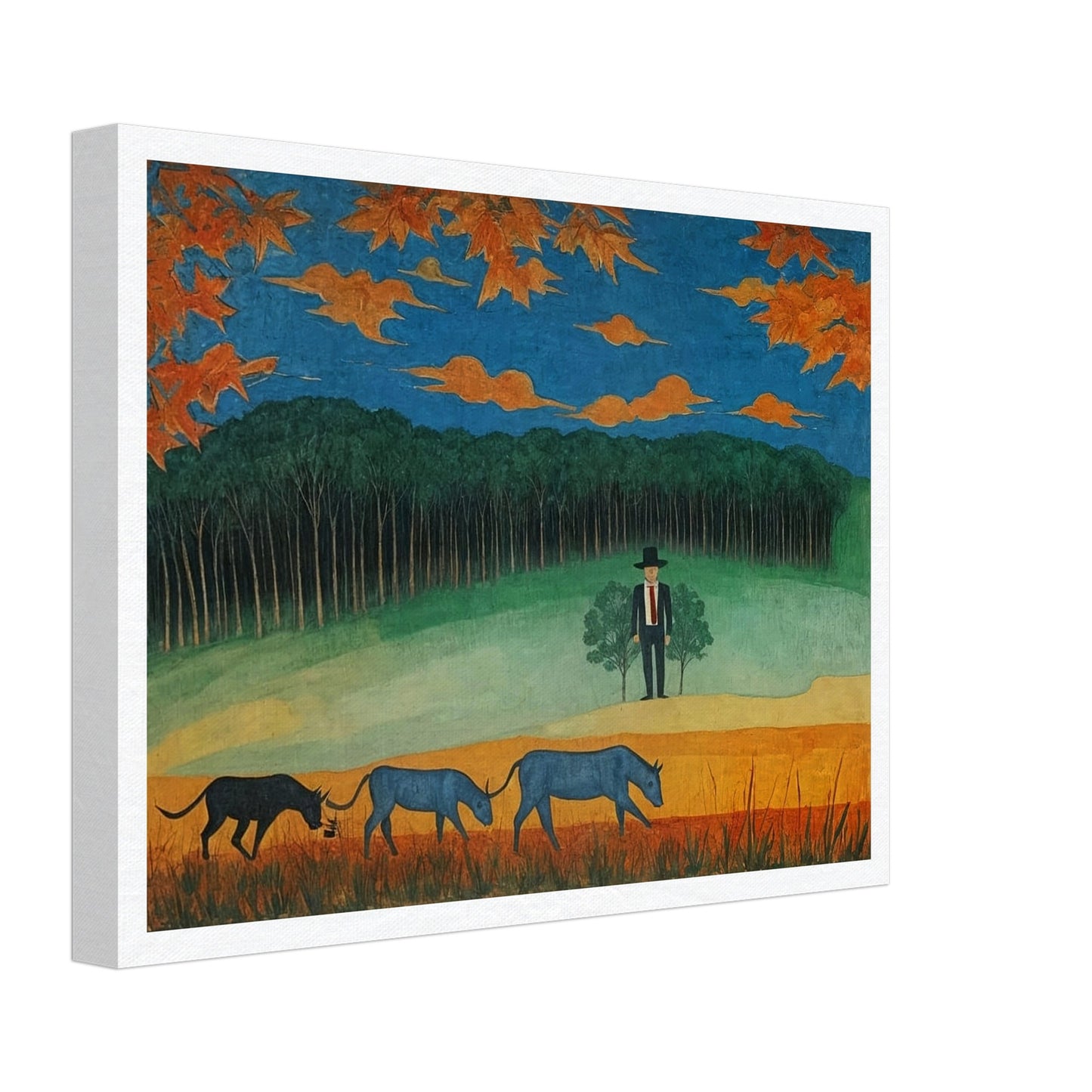 A serene countryside with blue cattle grazing and a lone man in a hat observing the changing autumn foliage and orange skies.