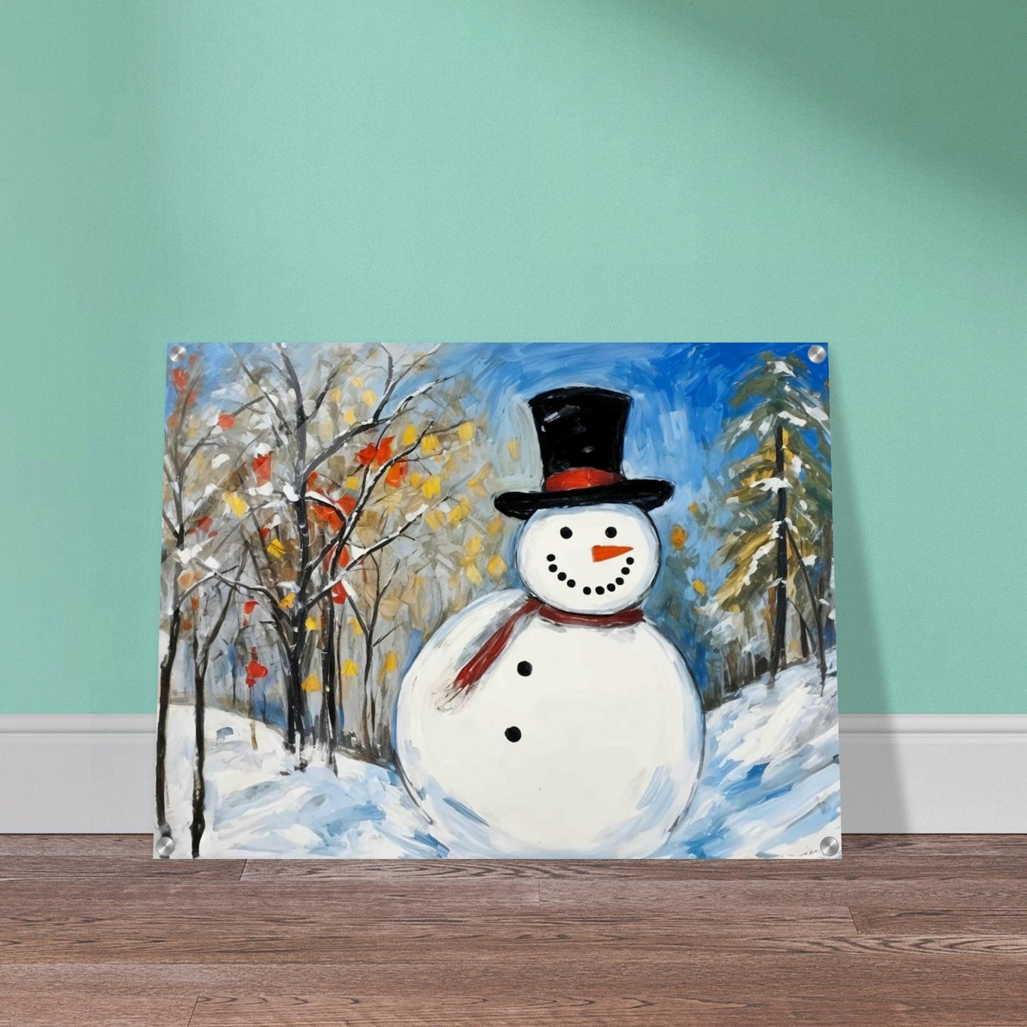 A cheerful snowman with a black top hat and red scarf stands in a snow-covered landscape, surrounded by snow-dusted trees with autumn leaves and a clear blue sky.