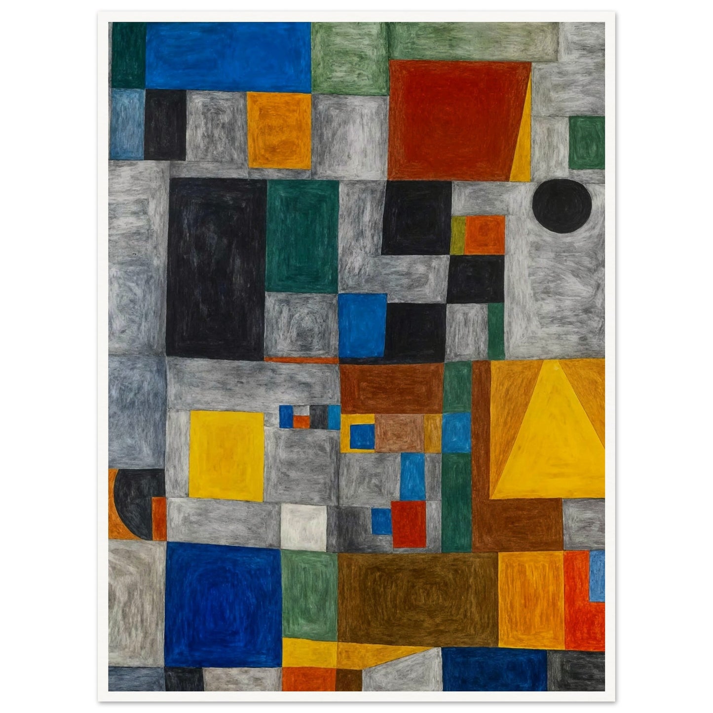 Abstract geometric artwork featuring a grid of colored squares and rectangles, creating a vibrant, dynamic composition.