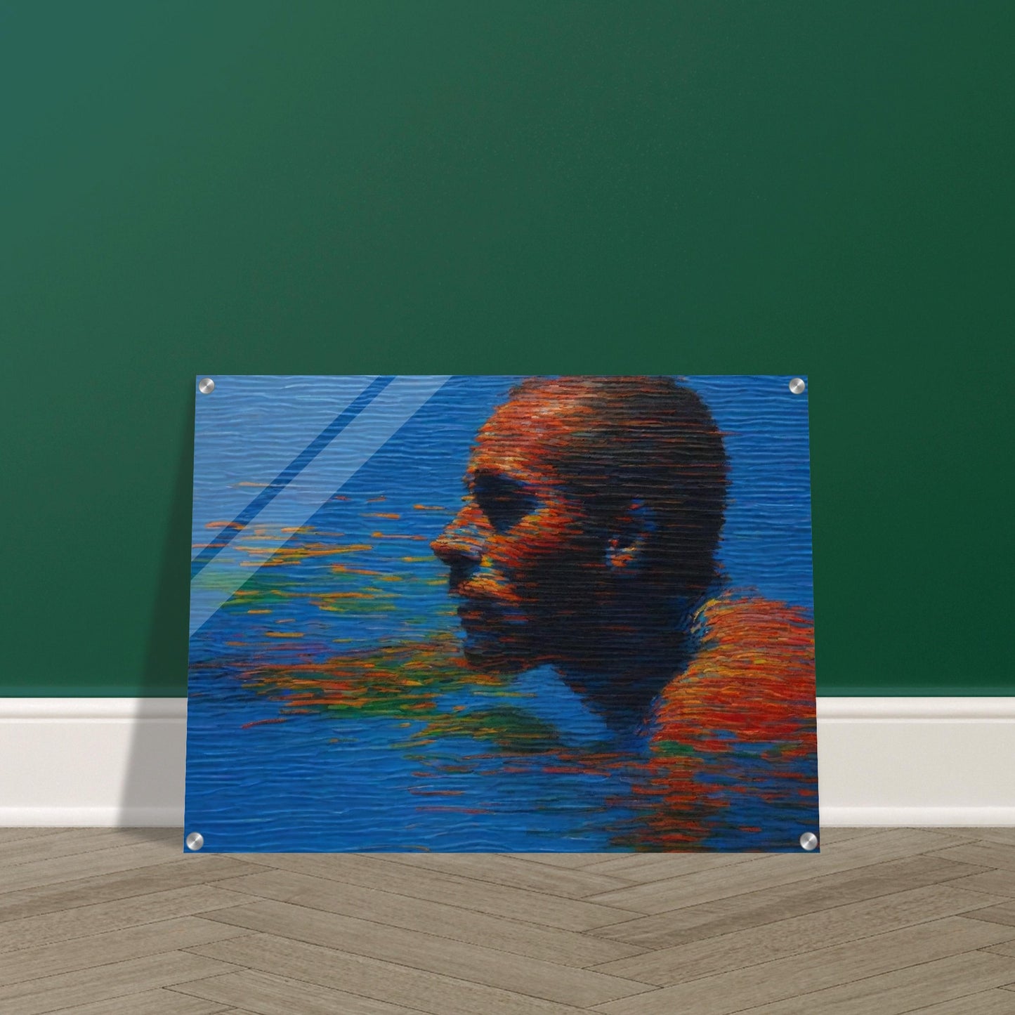 A striking painting of a person swimming in water, with vibrant reflections of colors on the surface, creating a sense of movement and depth.