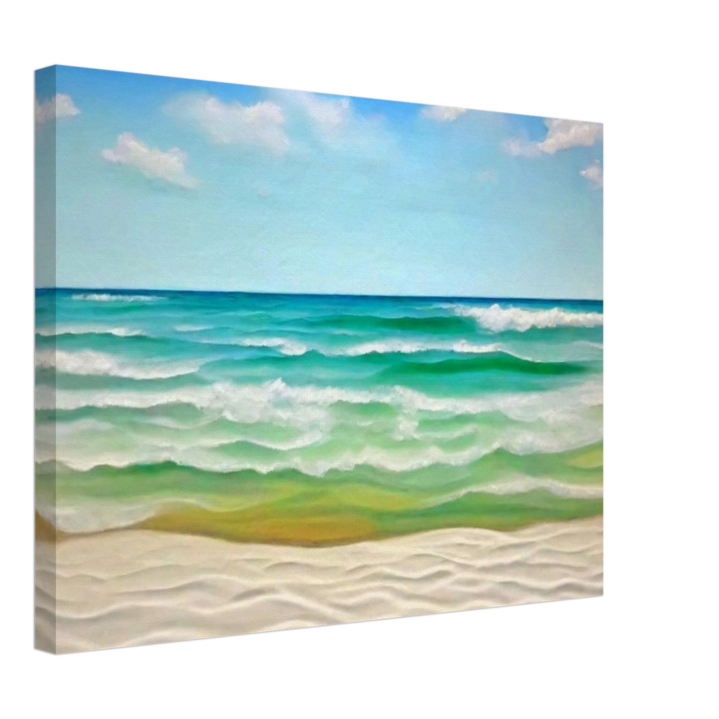 "A peaceful seascape painting of gentle waves rolling onto a white sandy beach under a clear blue sky with soft clouds."