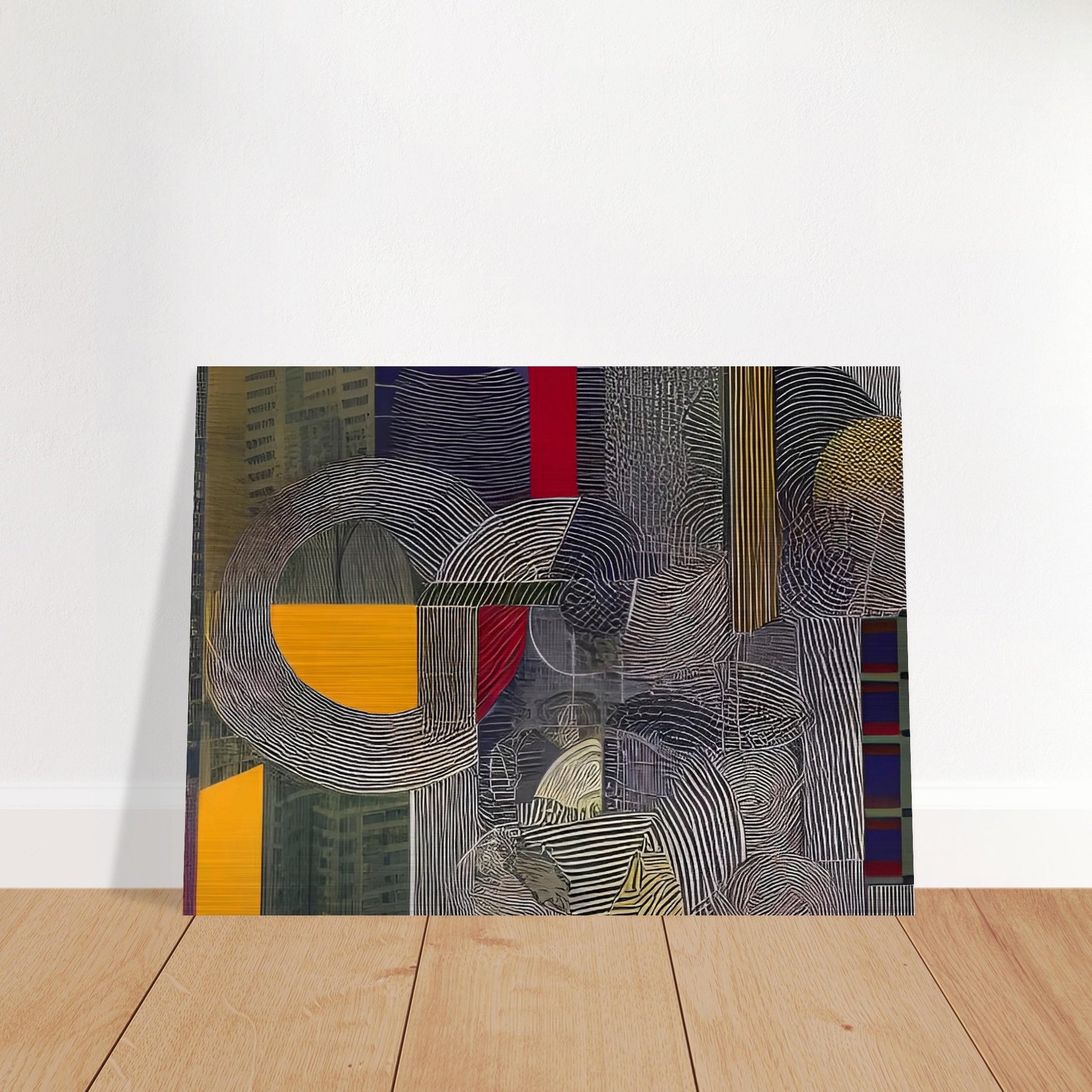 A contemporary abstract painting featuring bold geometric shapes, lines, and patterns, evoking an urban architectural landscape.