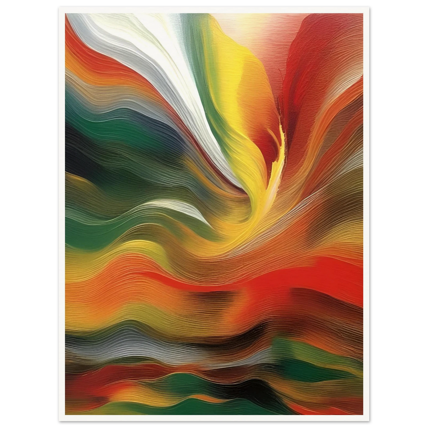 Swirling layers of red, green, gold, and white converge in a vivid, flowing motion that evokes fire and transformation.