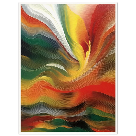 Swirling layers of red, green, gold, and white converge in a vivid, flowing motion that evokes fire and transformation.