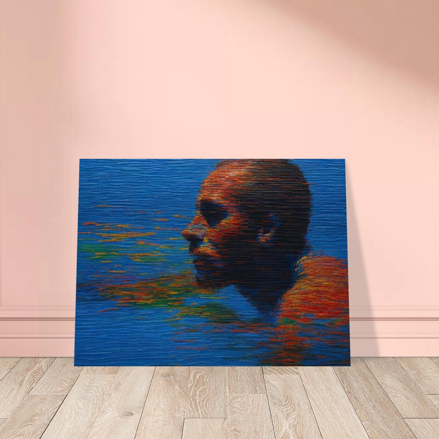 A striking painting of a person swimming in water, with vibrant reflections of colors on the surface, creating a sense of movement and depth.