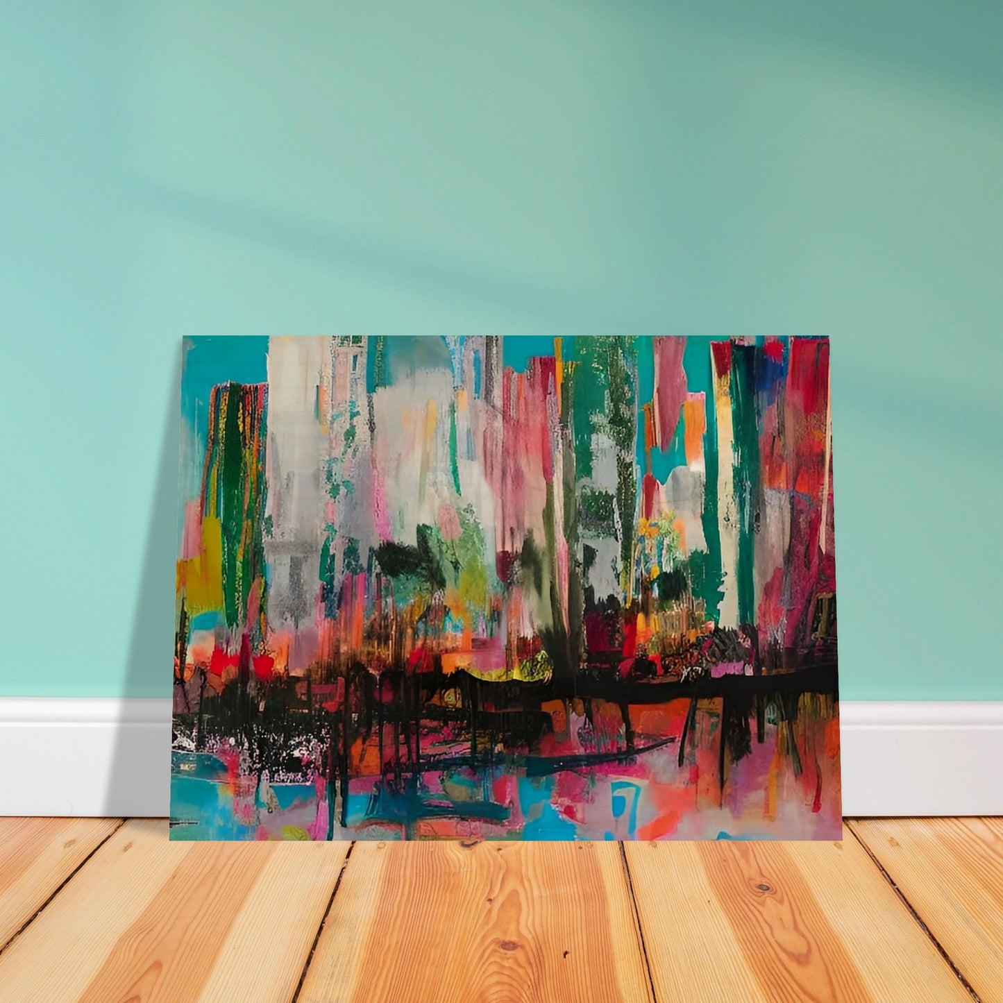 A vibrant cityscape with bold, abstract strokes of color, including teal, pink, red, and orange, creating a dynamic and energetic atmosphere.