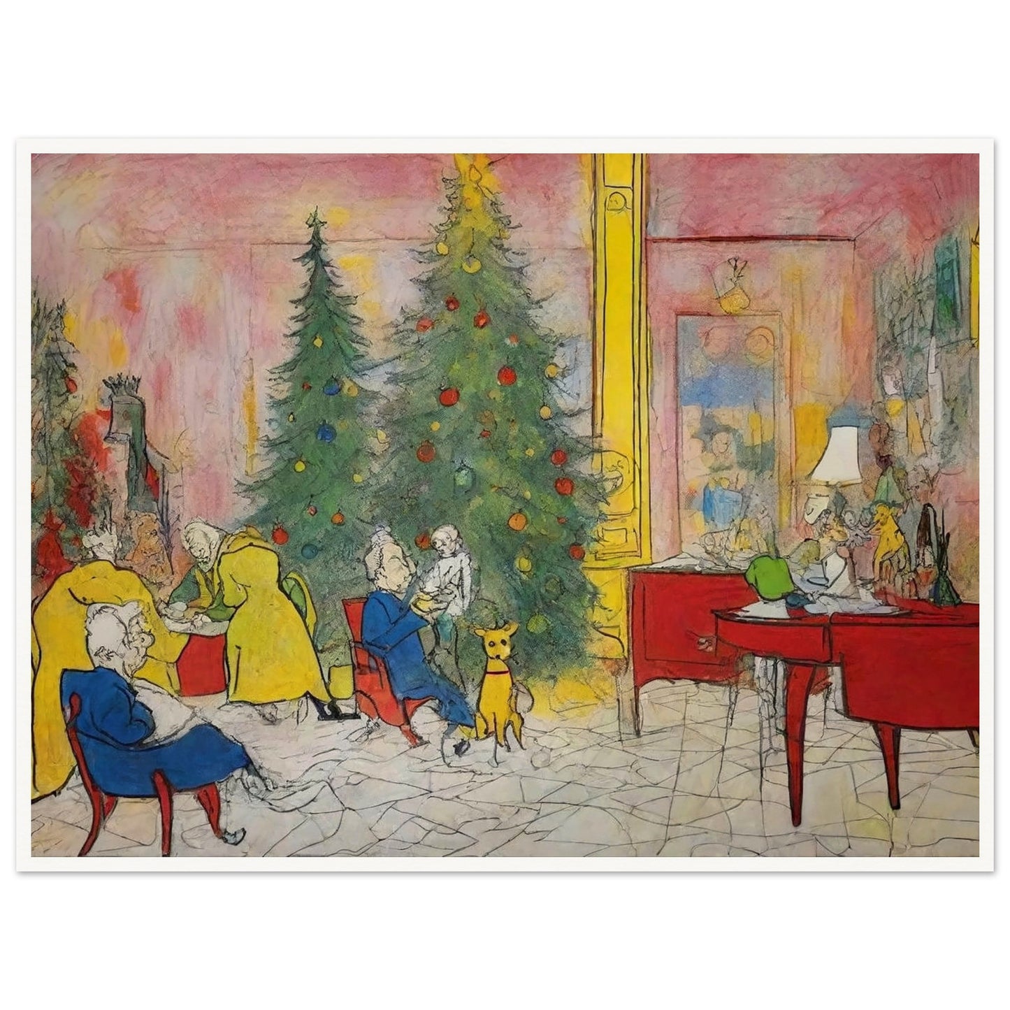 A cozy holiday scene featuring family members and pets gathered around a decorated Christmas tree in a colorful living room, capturing the warmth and joy of the season.