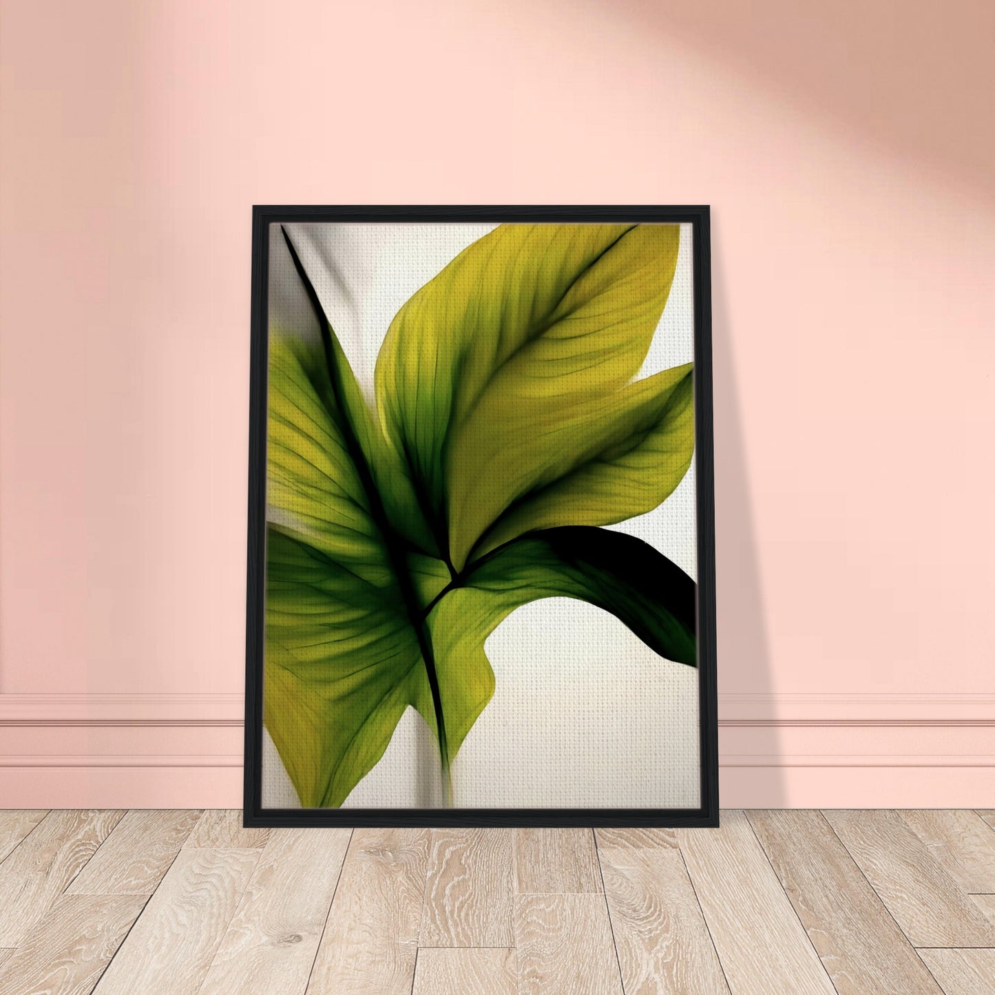 A minimalistic and elegant painting of lush green and golden leaves, highlighting delicate textures and veins against a soft, light background.