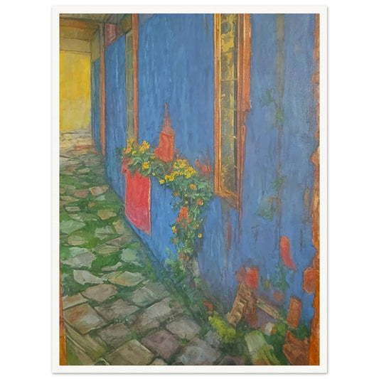 A serene painting of a cobblestone alleyway with a vibrant blue wall adorned with flowers.