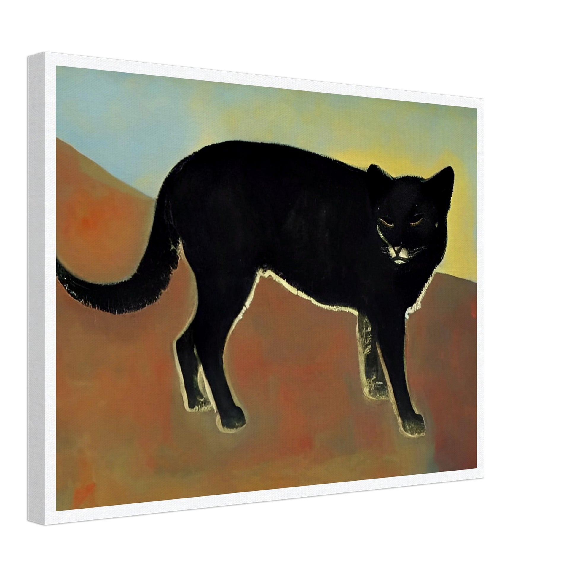 A dark and enigmatic black cat with piercing eyes stands against a warm, earthy backdrop in a minimalist style.