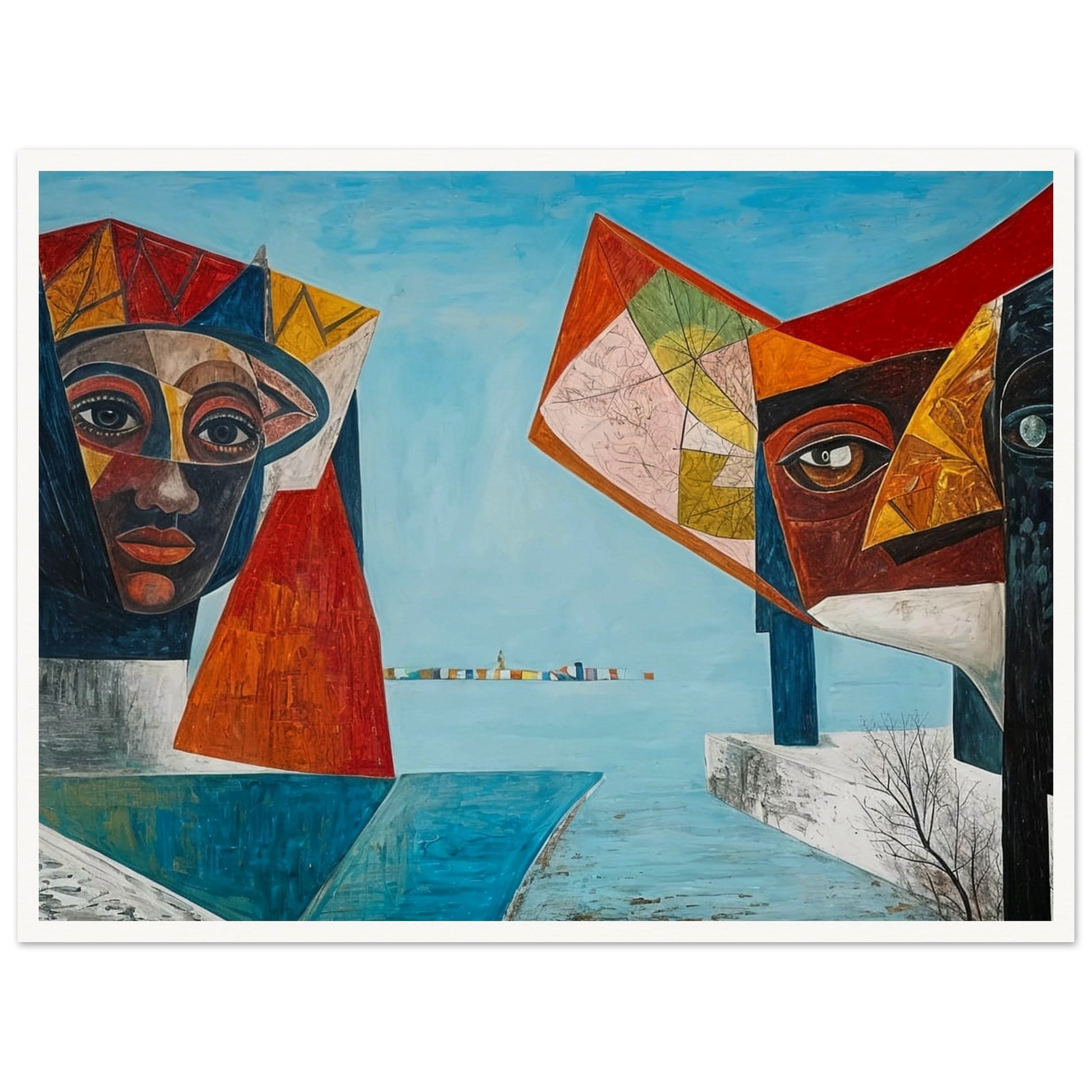 A surreal painting featuring two large, colorful, and abstract guardian faces, positioned on either side of a serene blue seascape, with a distant horizon marked by a row of vibrant structures.