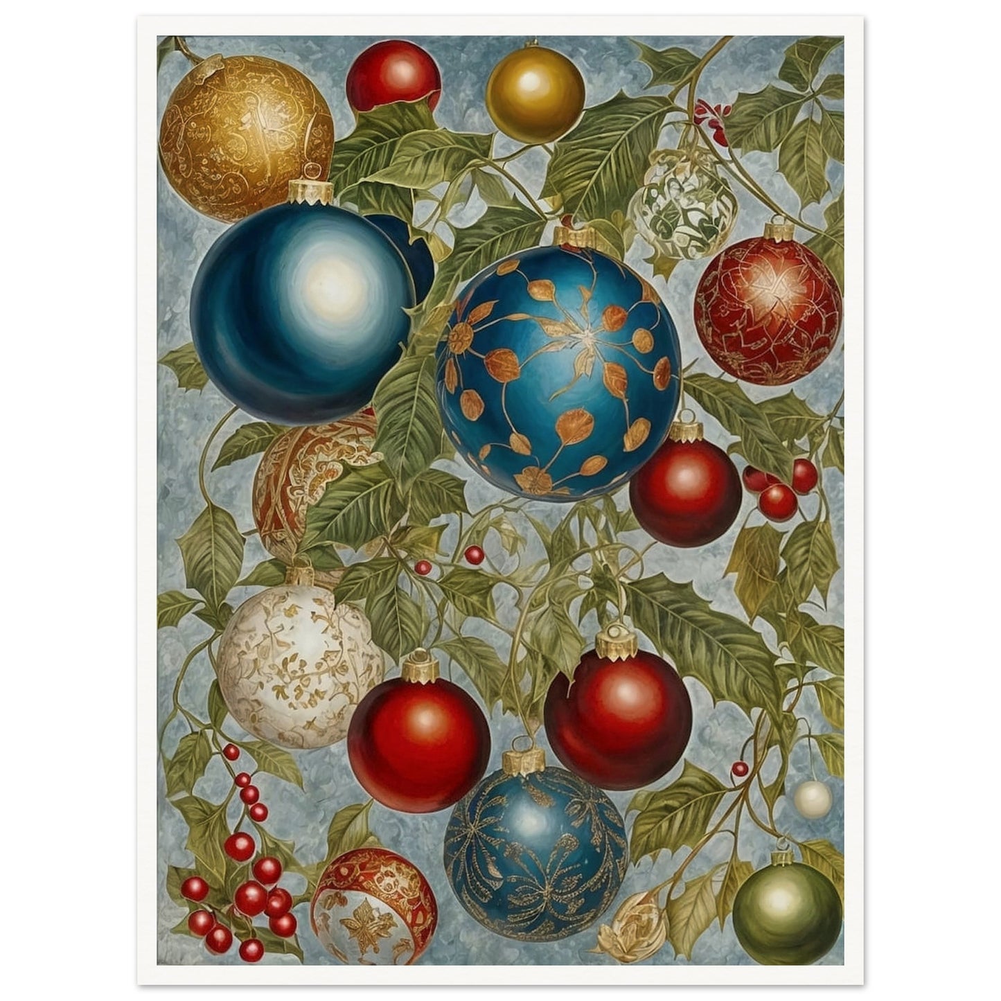 A beautiful arrangement of Christmas ornaments in blue, red, gold, and white, hanging from holly branches adorned with berries, showcasing intricate holiday designs.
