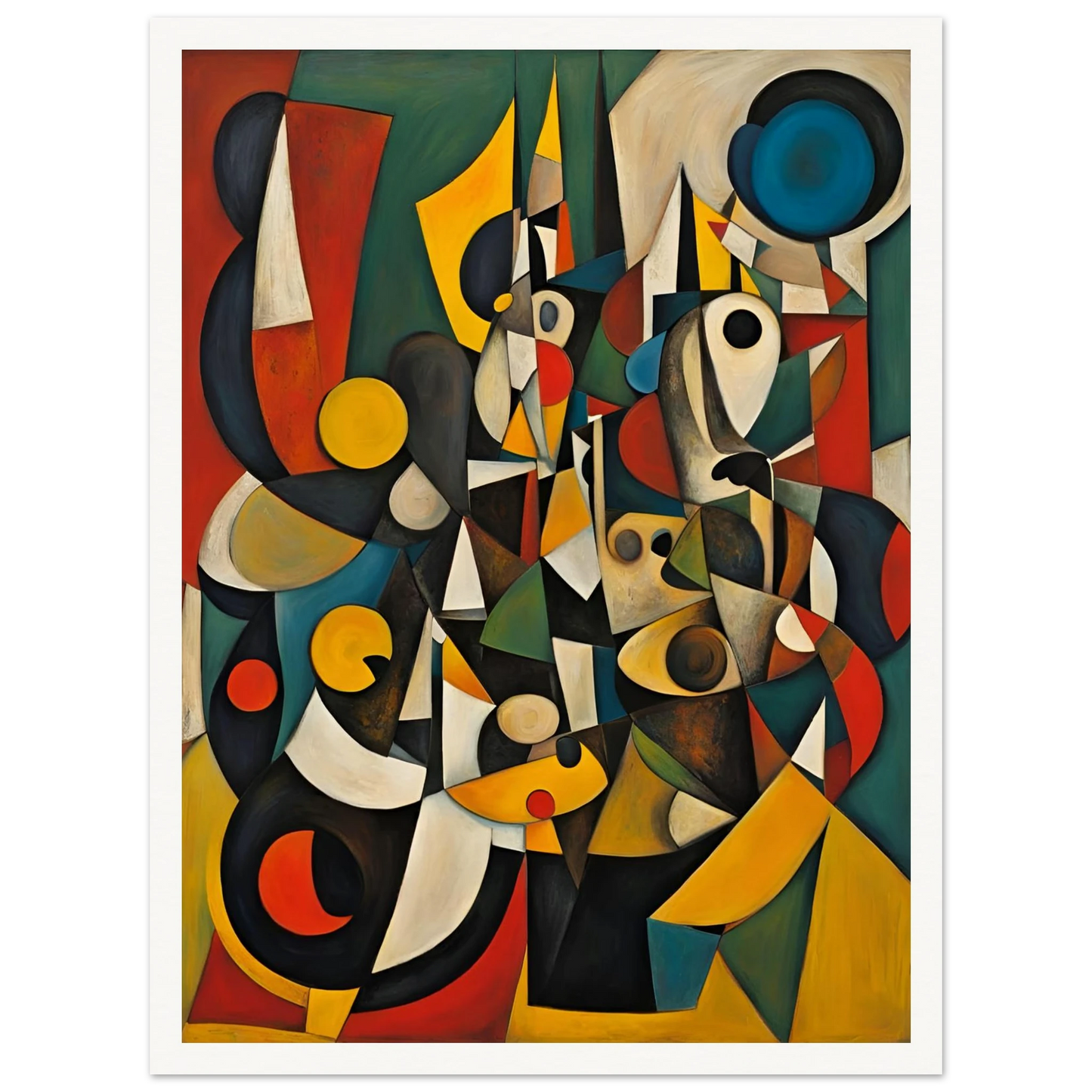 A vivid cubist-inspired painting with fragmented shapes, bold colors, and layered geometric forms that evoke human silhouettes and movement.