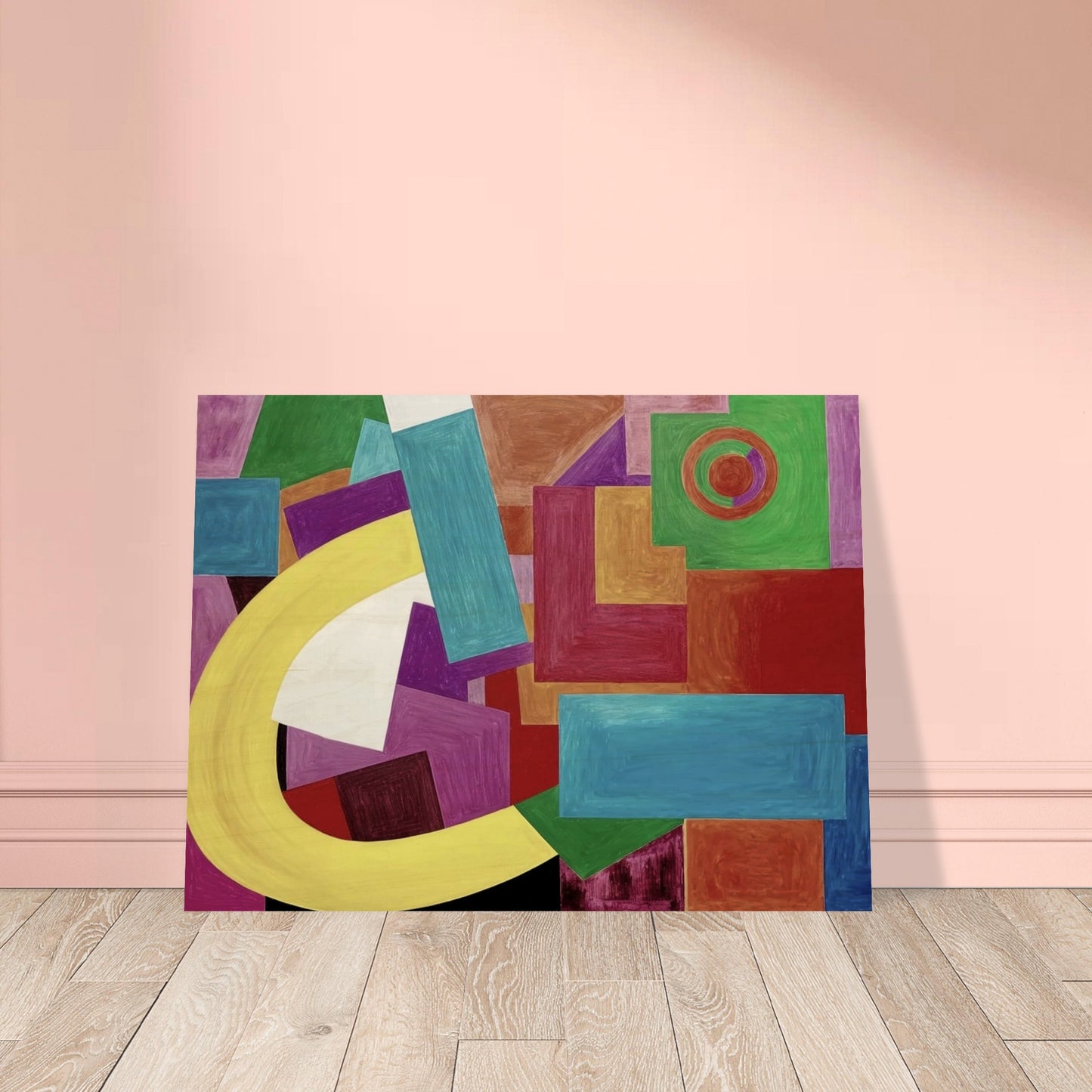 Dynamic composition of colorful geometric shapes, featuring rectangles, squares, and arcs in bold hues of yellow, blue, green, and red.