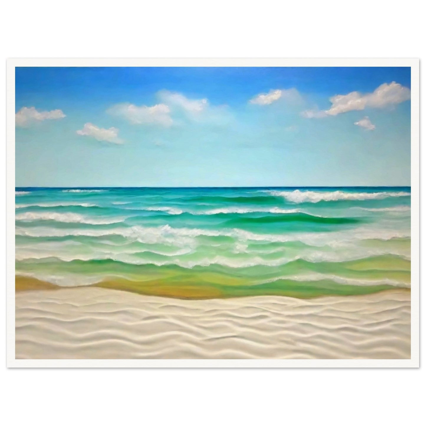"A peaceful seascape painting of gentle waves rolling onto a white sandy beach under a clear blue sky with soft clouds."