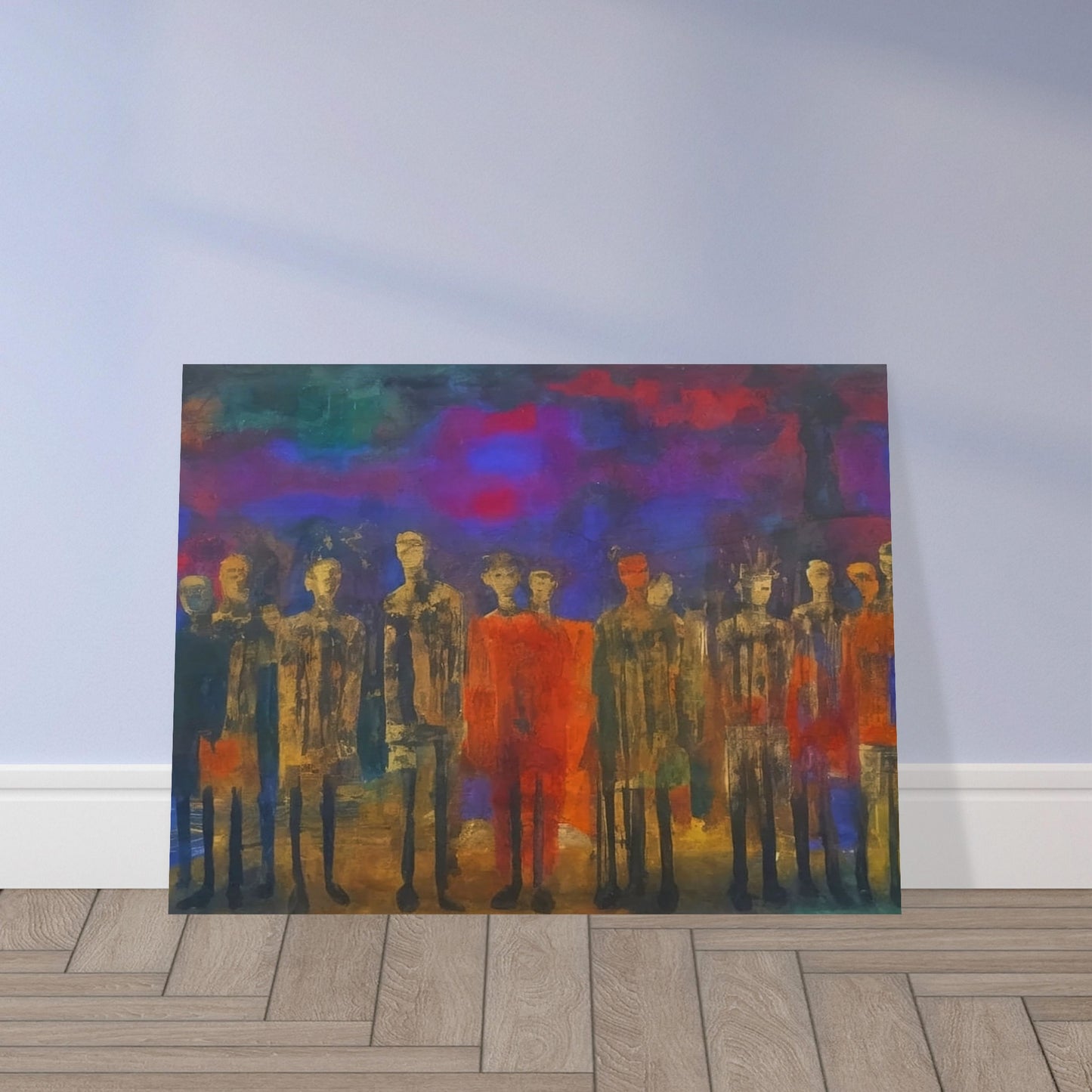 A mysterious gathering of figures in muted tones, set against a vibrant, multicolored backdrop that evokes a sense of silent contemplation.