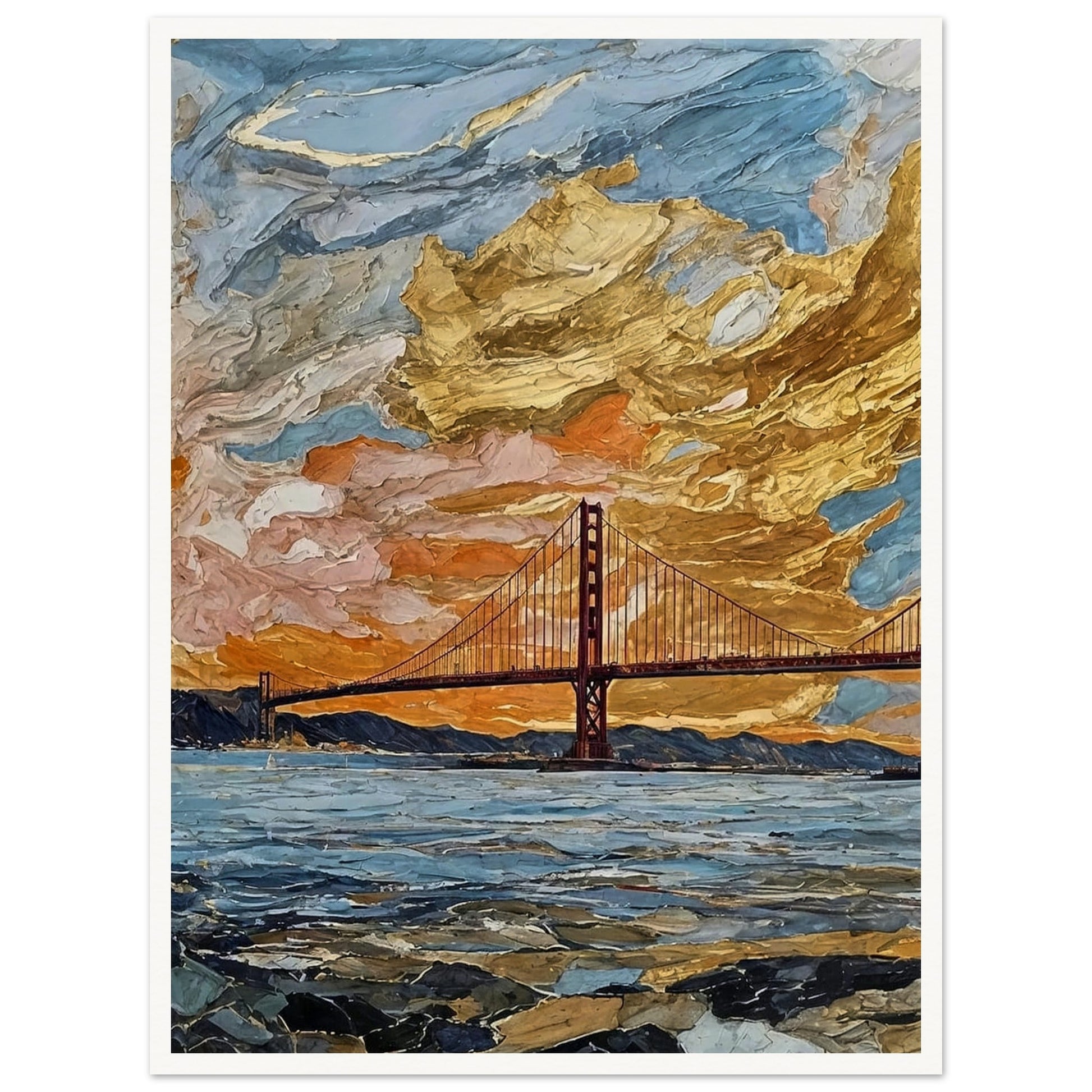 "A vibrant painting of a bridge at sunset, with dramatic golden clouds filling the sky and reflecting off the water below."