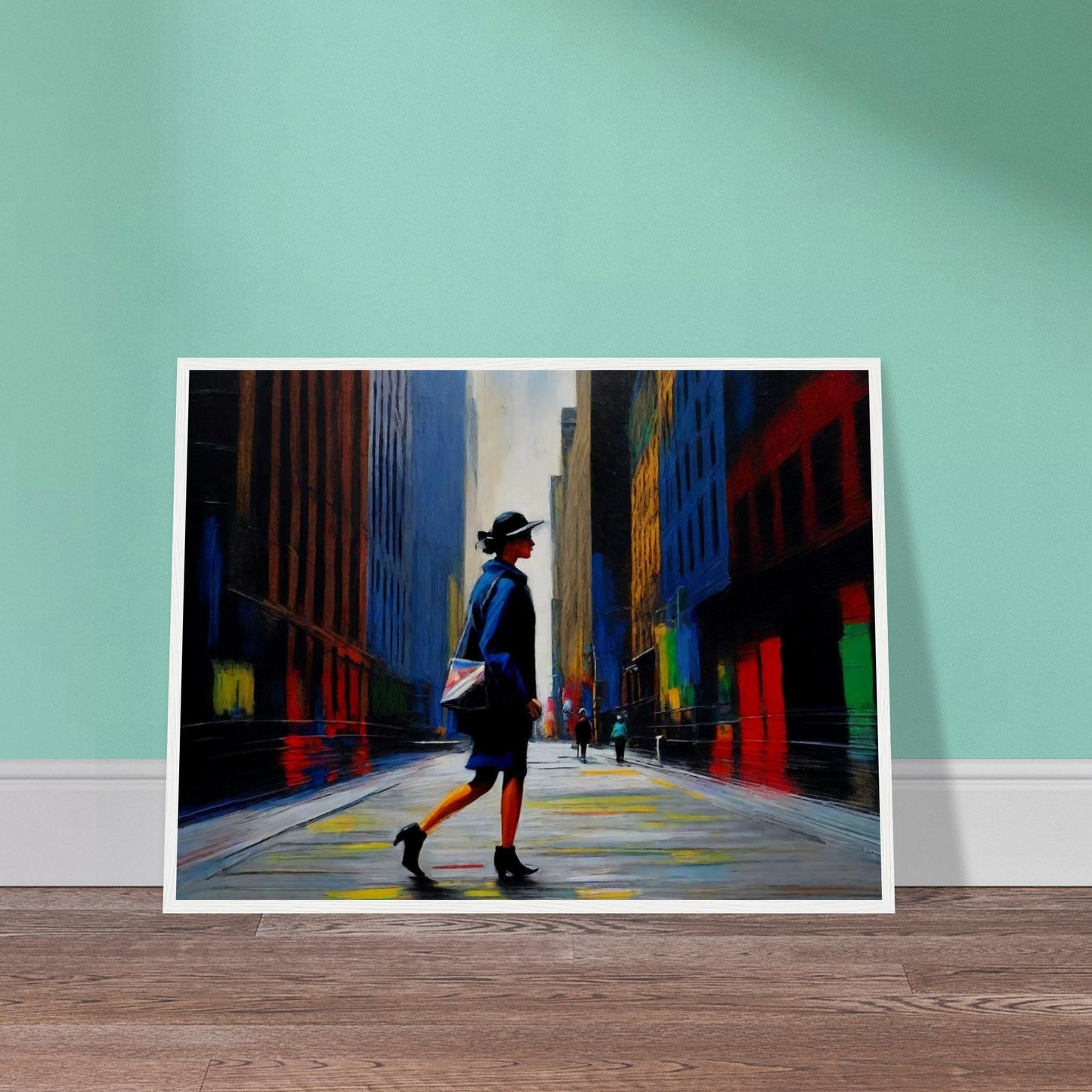 A vibrant painting of a woman walking through a colorful city street, with towering buildings and reflective surfaces.