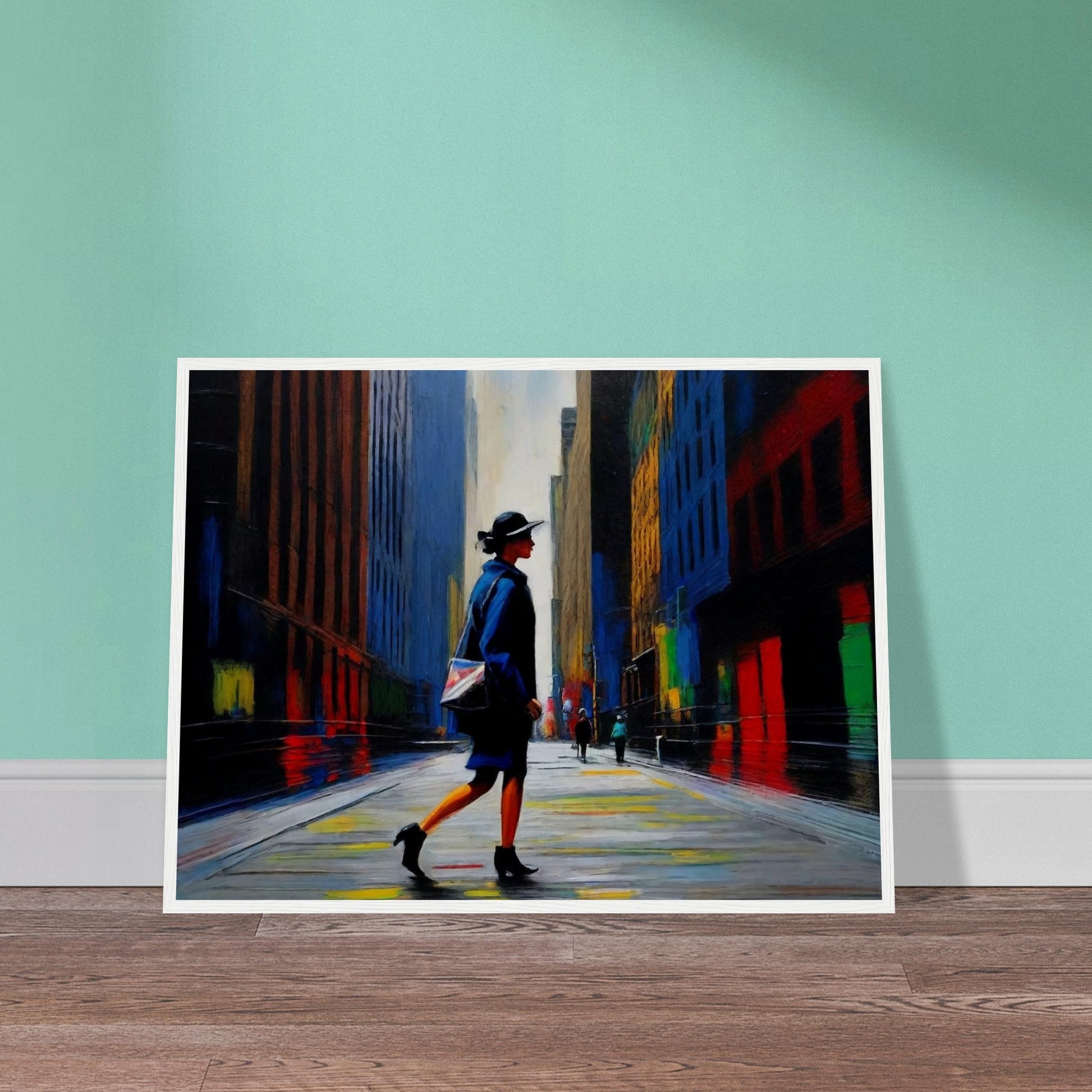 A vibrant painting of a woman walking through a colorful city street, with towering buildings and reflective surfaces.