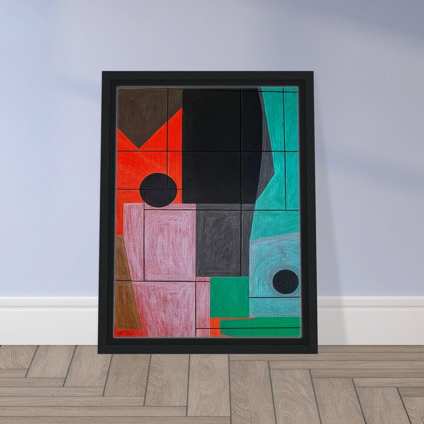 A striking geometric artwork featuring overlapping shapes in shades of red, black, pink, and teal, creating a structured abstract composition.