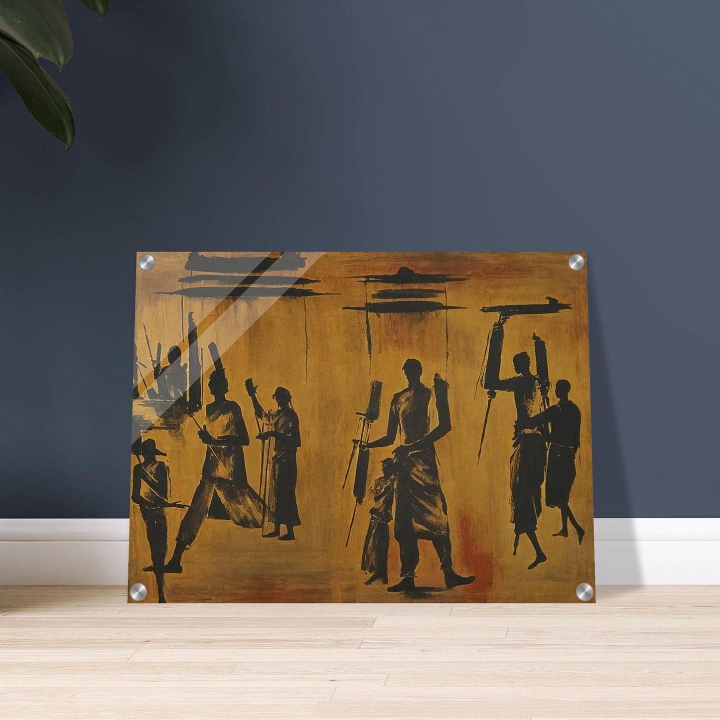 A painting of dark silhouettes of people in motion against a warm, textured background, evoking a sense of movement and rhythm.