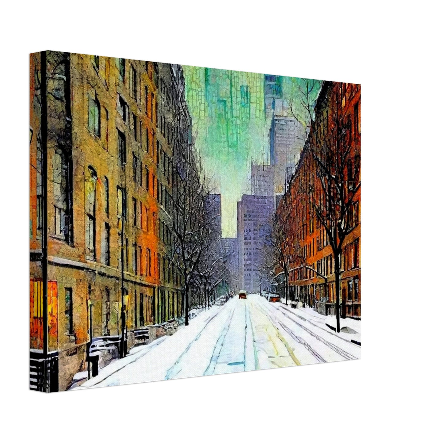 A quiet, snow-covered city street lined with tall buildings on either side, leading to a misty skyline of skyscrapers under a greenish winter sky, evoking peaceful urban solitude.